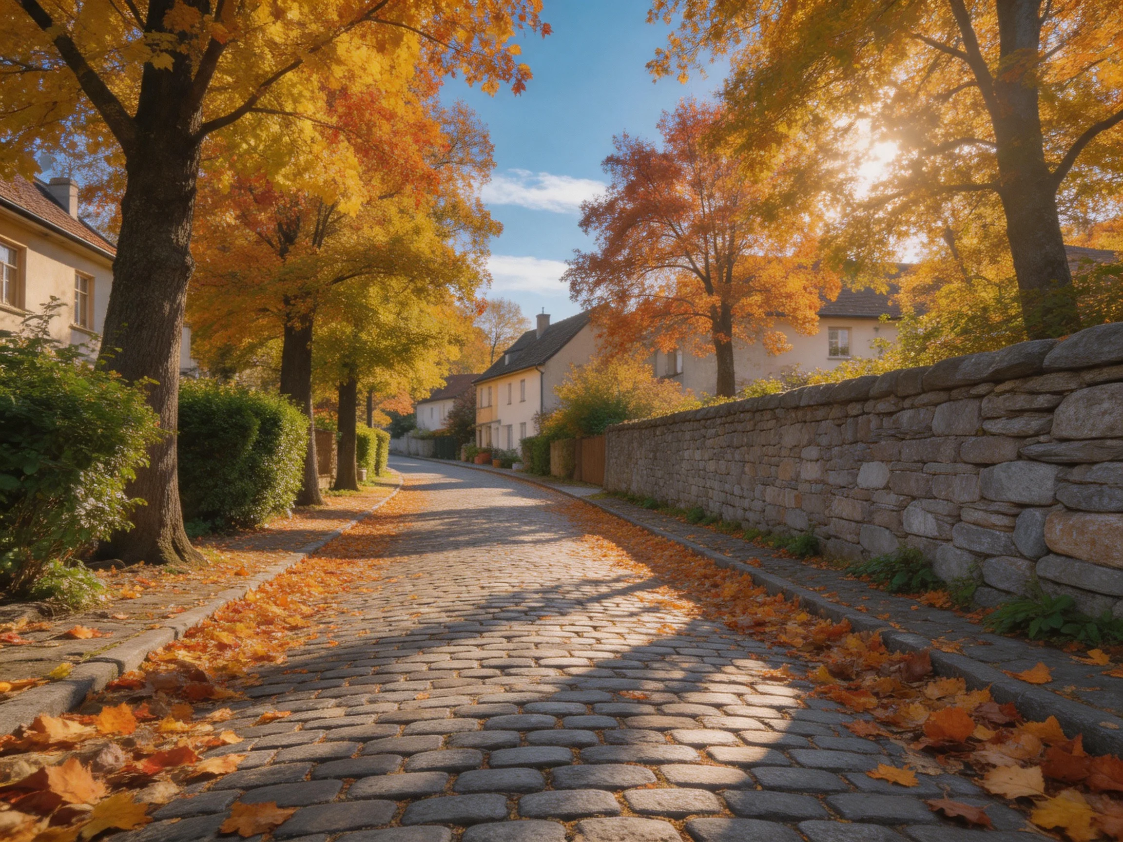 A cobblestone street lined with autumn-colored trees and stone walls