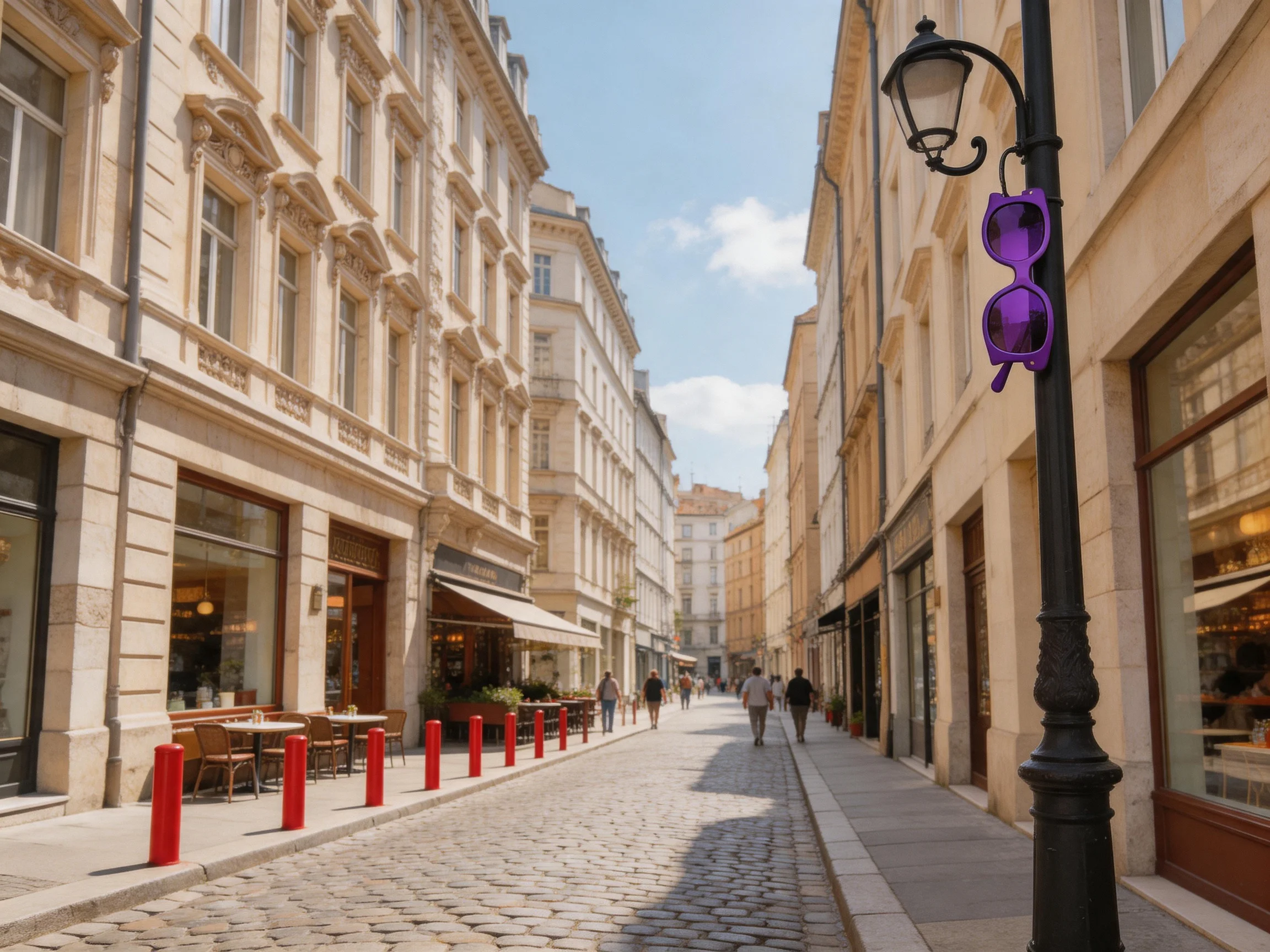 A cobblestone street lined with historic stone buildings and a black lamppost with purple sunglasses
