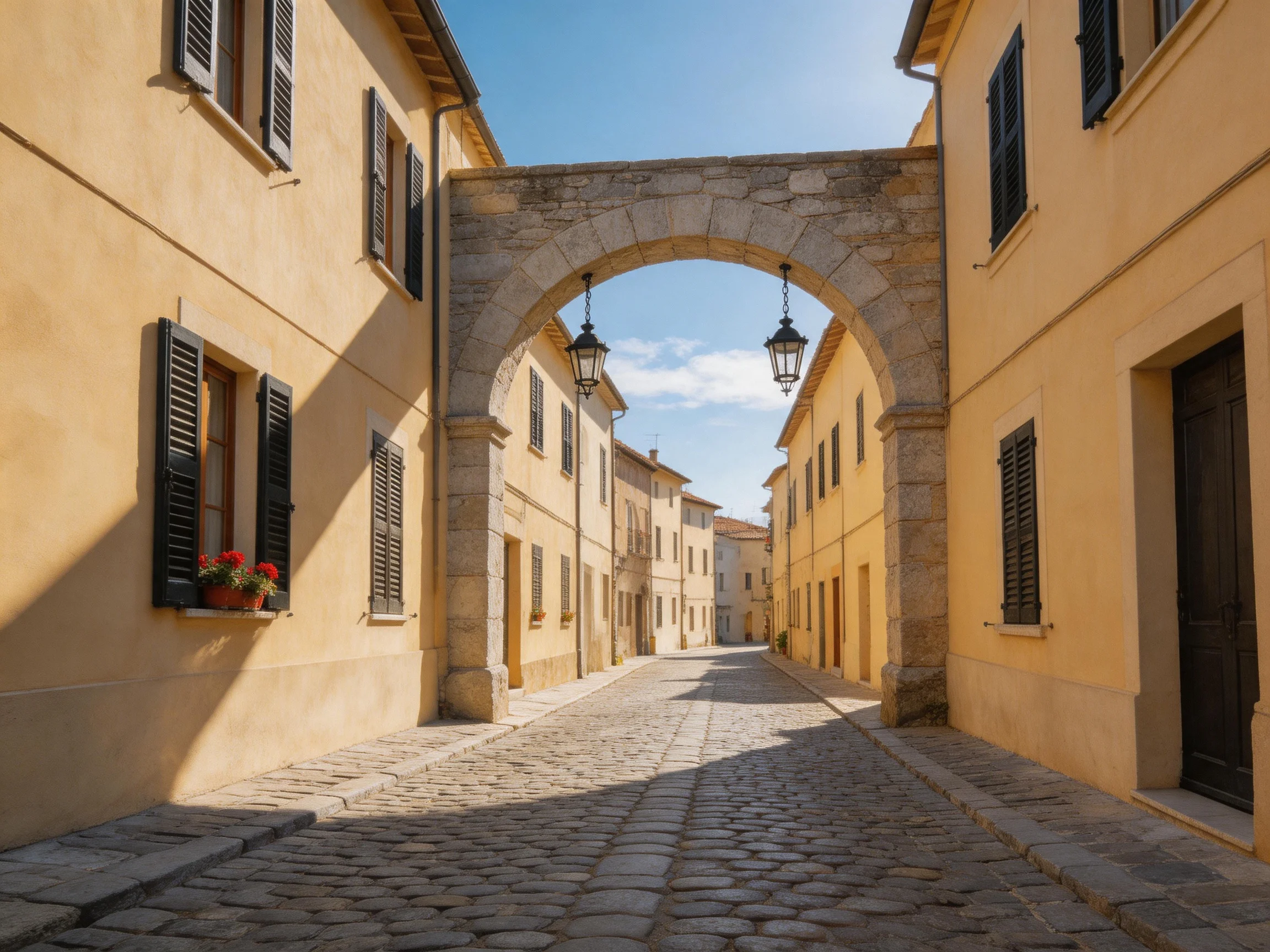 A cobblestone street with a stone archway between yellow historic buildings