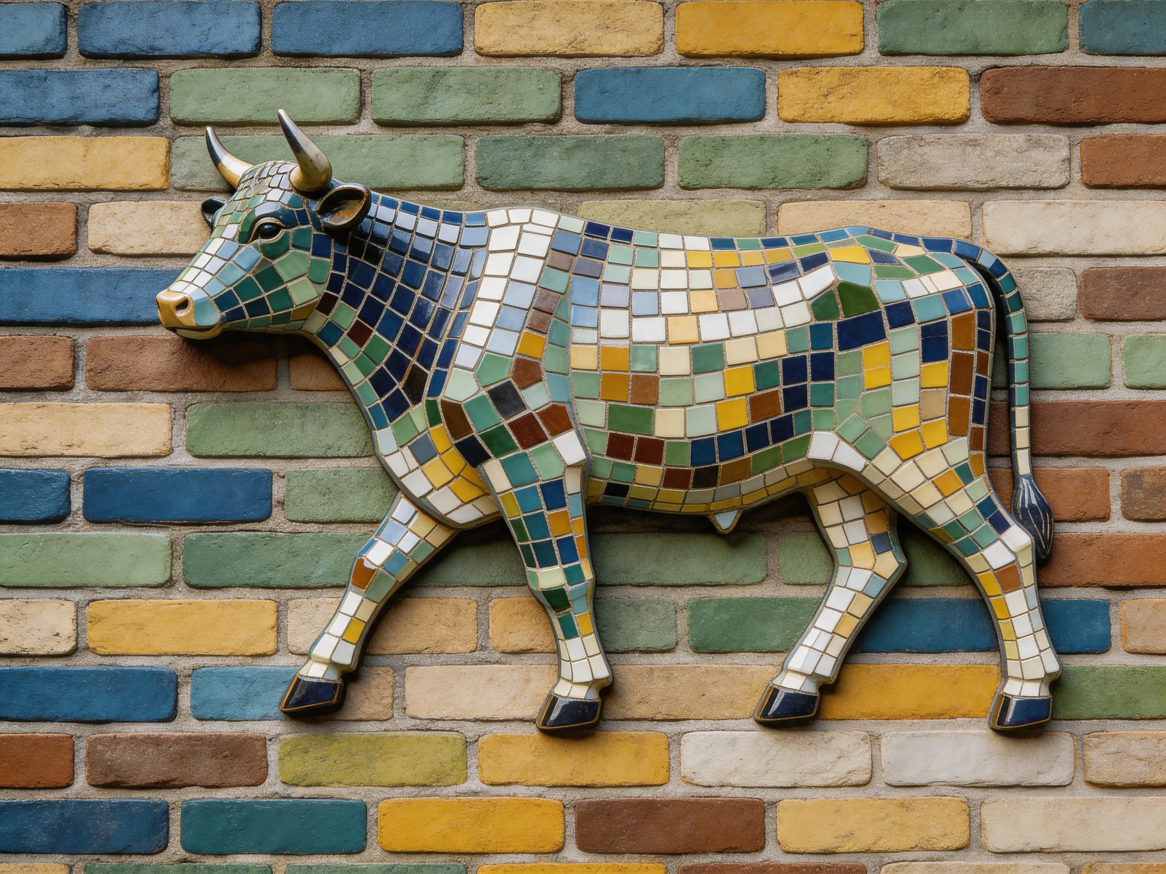 A colorful mosaic cow sculpture on a multicolored brick wall