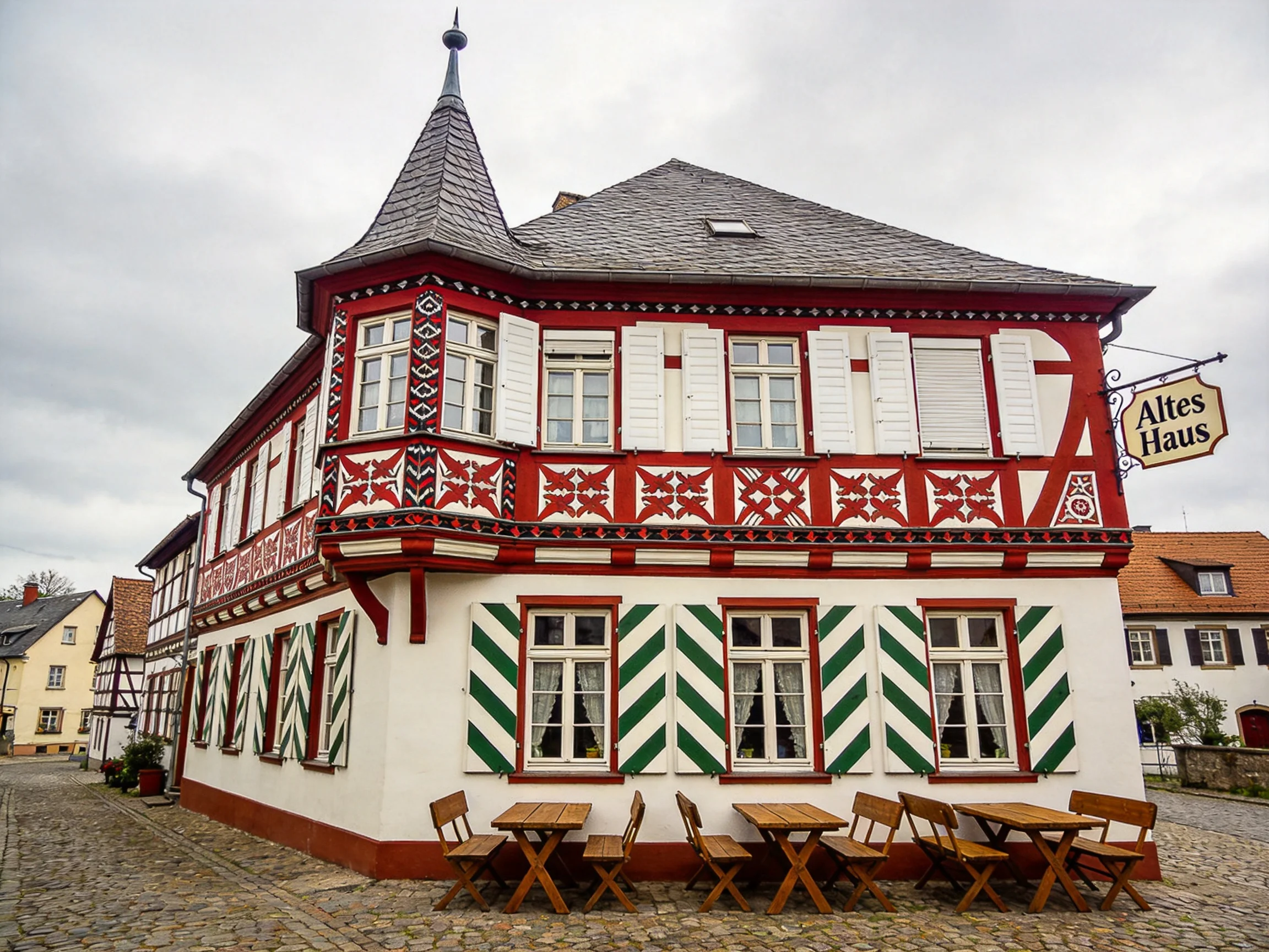 A colorful timber-framed historic house with outdoor seating