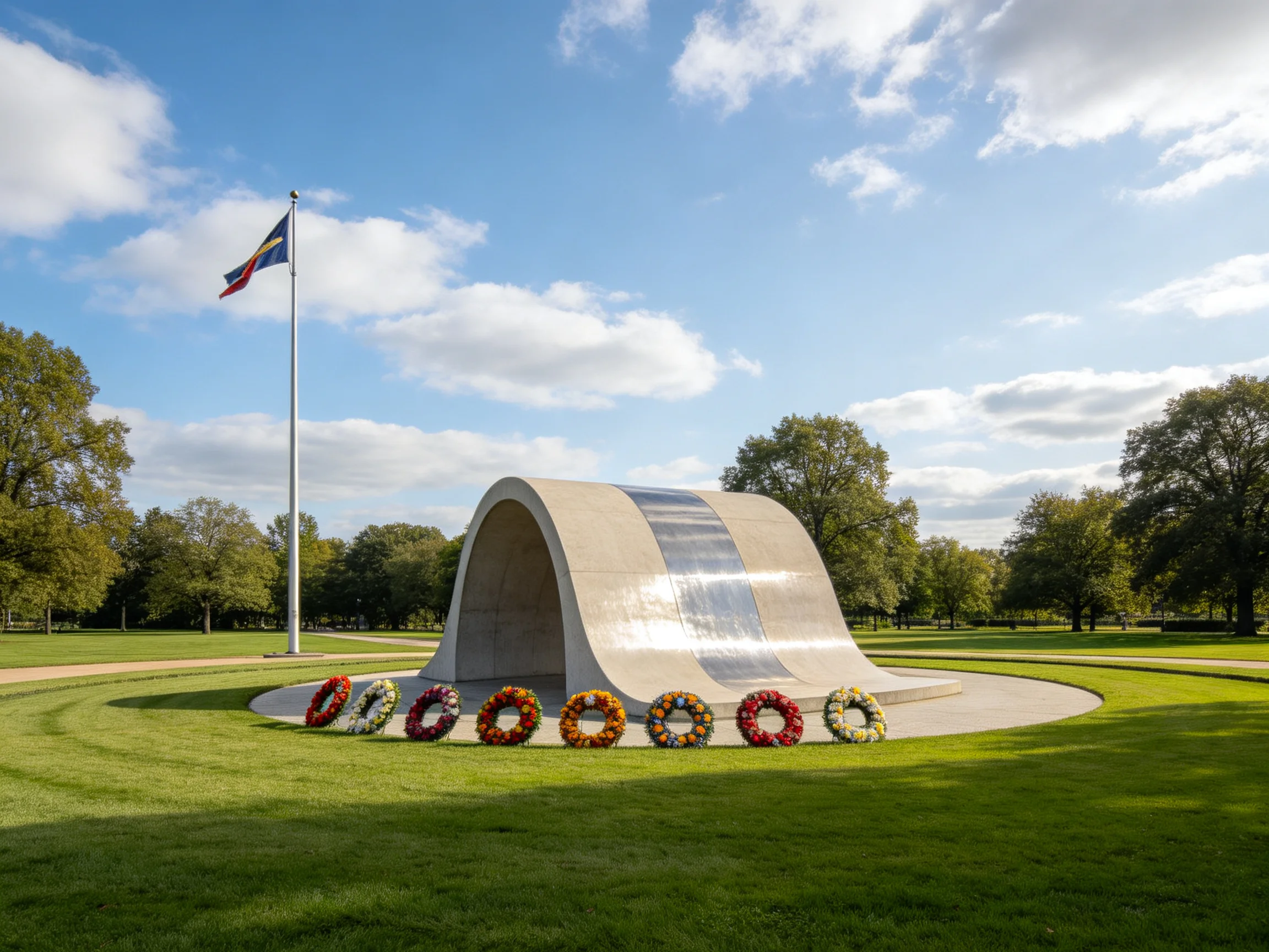 A concrete arch memorial with colorful wreaths and a flag