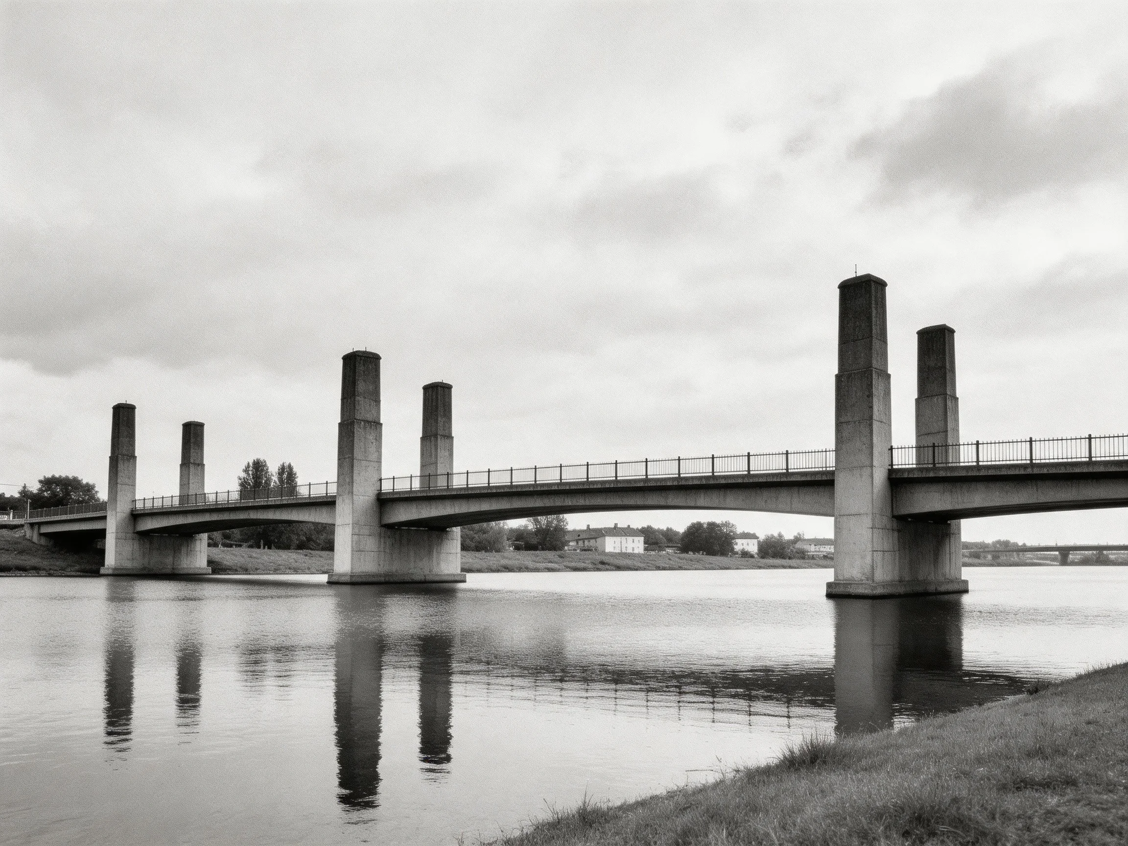 A concrete bridge with tall pillars spans a calm river under cloudy skies