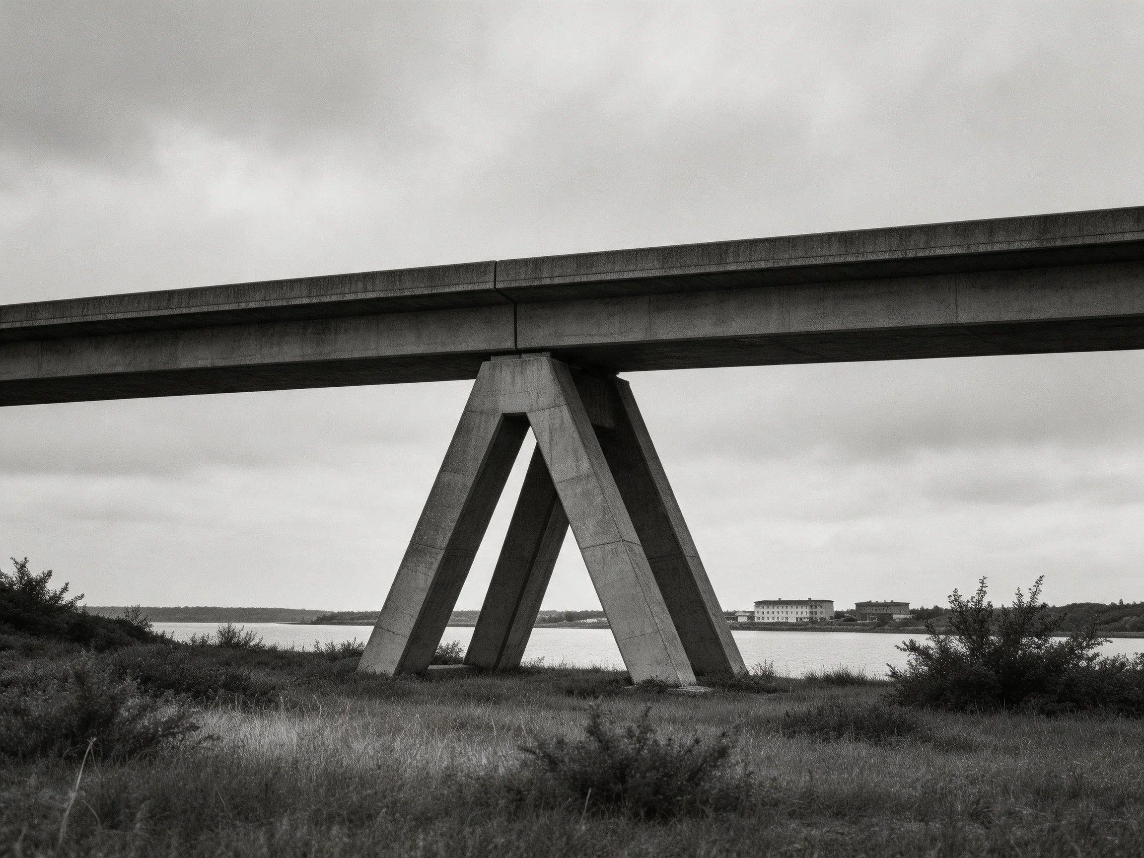 A concrete bridge with triangular supports spans over calm waters