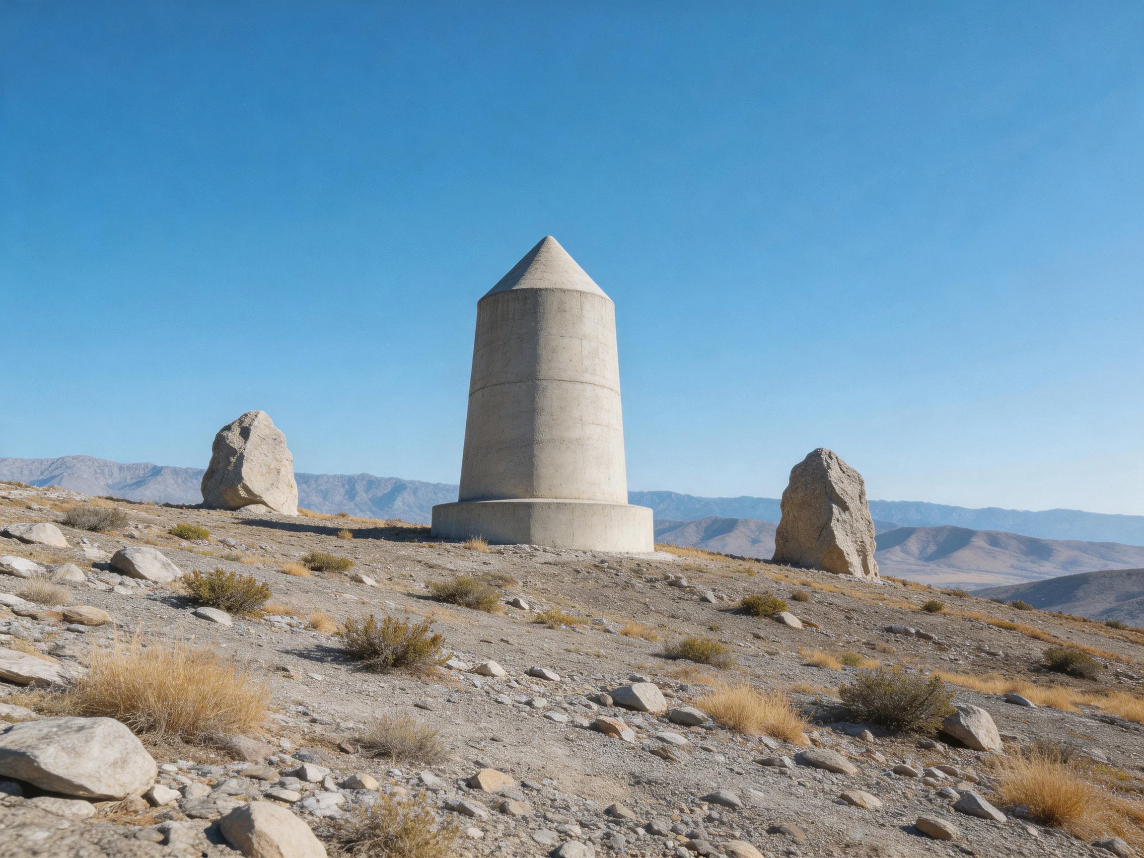 A concrete monument amid large rocks in an arid, mountainous region