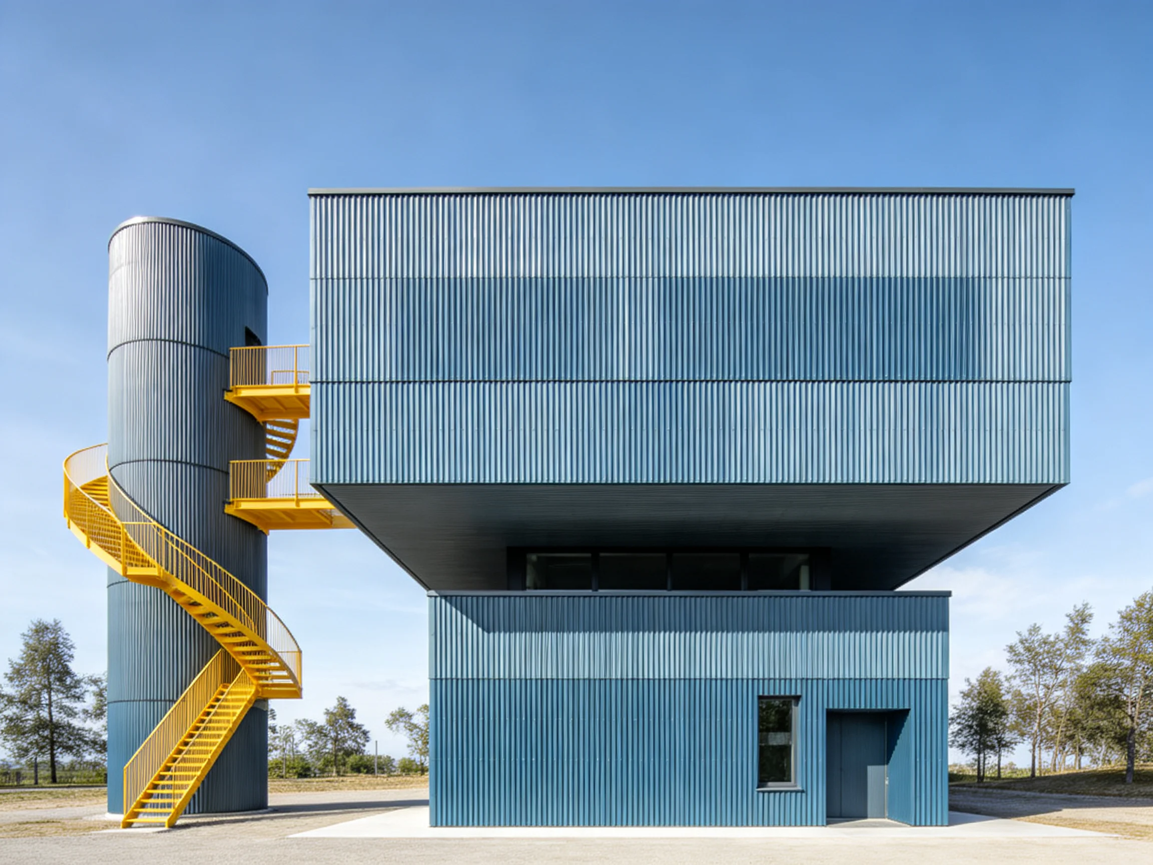 A contemporary blue architectural structure with cylindrical tower and yellow staircase