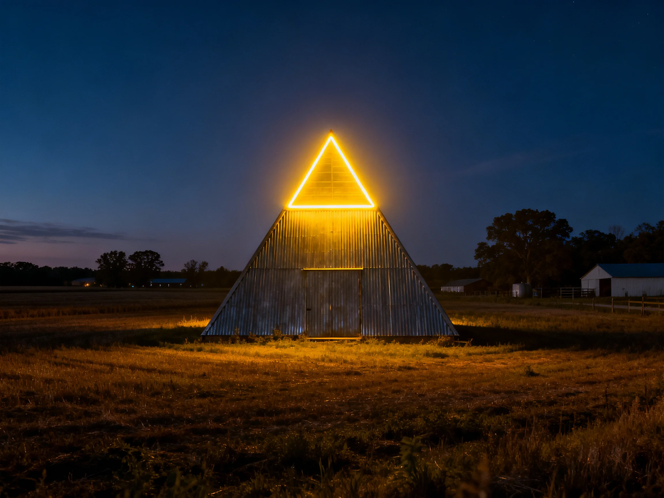 A corrugated metal pyramid with a glowing yellow triangular top in a rural field