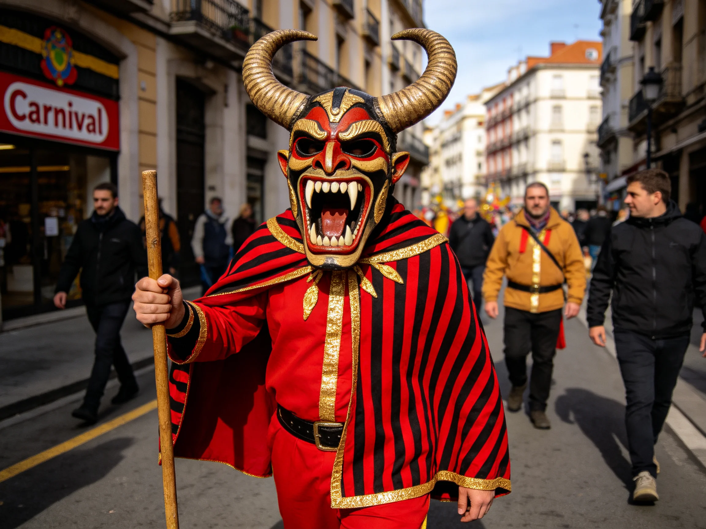 A costumed figure in a red-black striped cape wears a horned devil mask during a carnival parade.