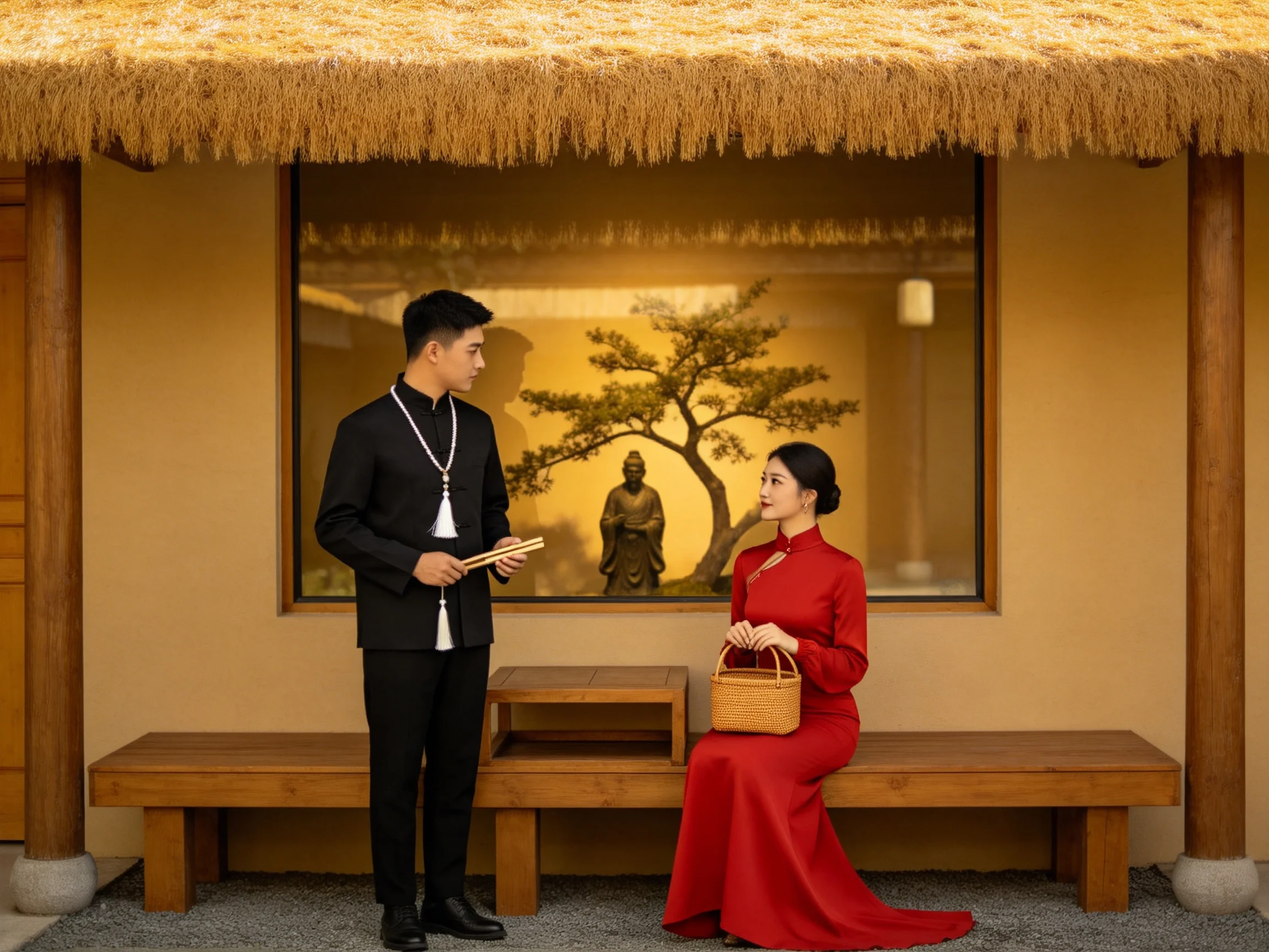 A couple in traditional attire near a thatched-roof structure with a Buddha statue