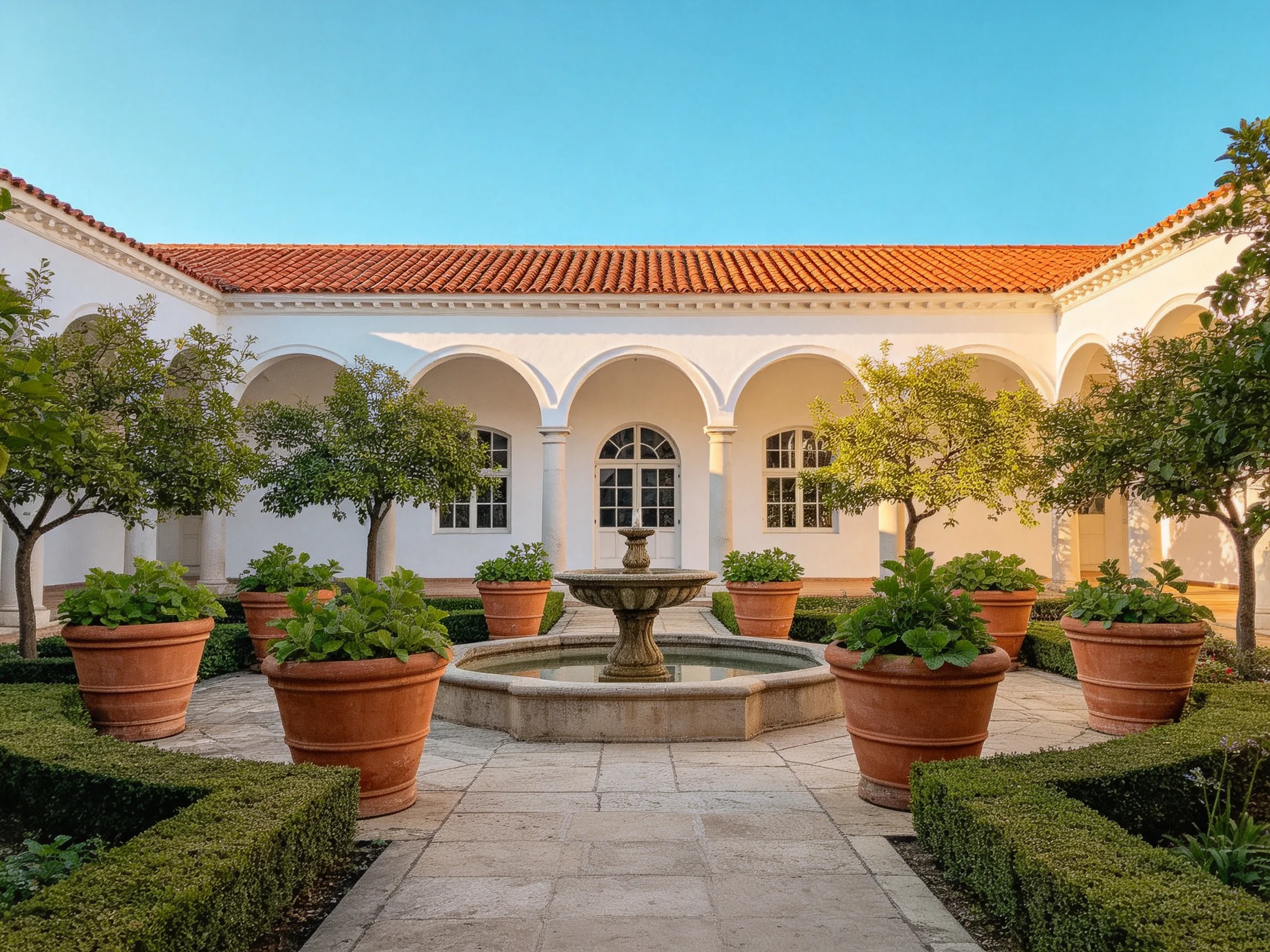 A courtyard with white walls, terracotta roof, and potted greenery around a central fountain