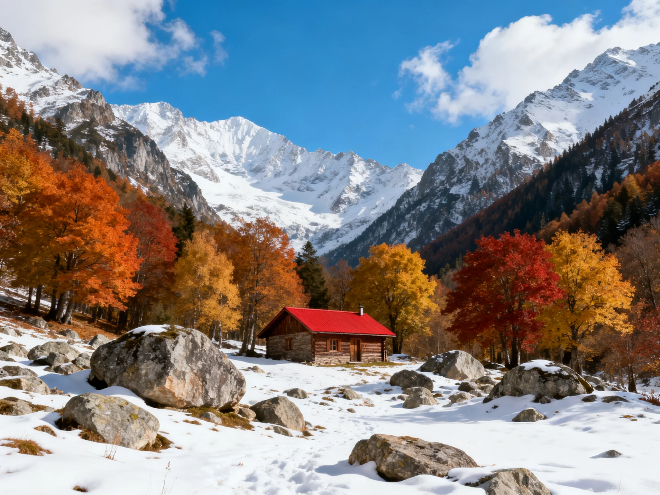 A cozy cabin among vibrant autumn foliage and snow - capped mountains