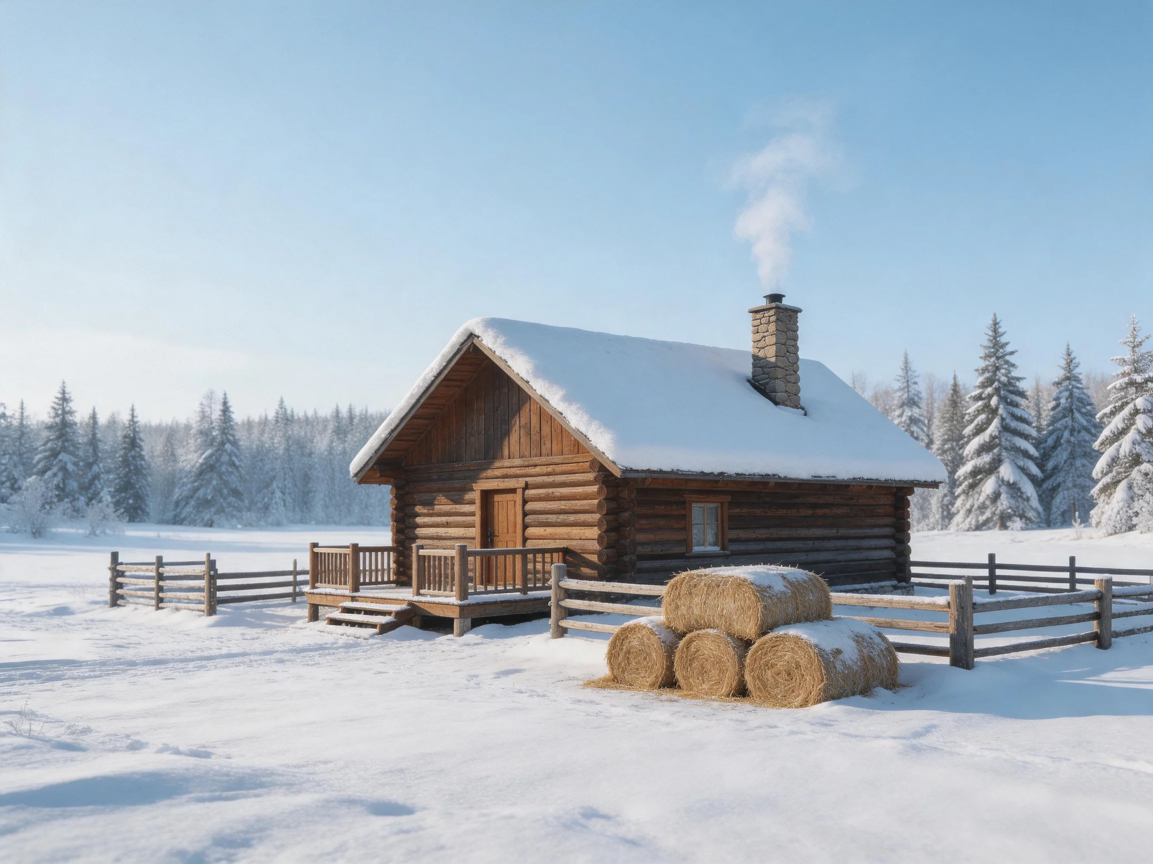 A cozy log cabin with snow-laden roof beside stacked hay bales