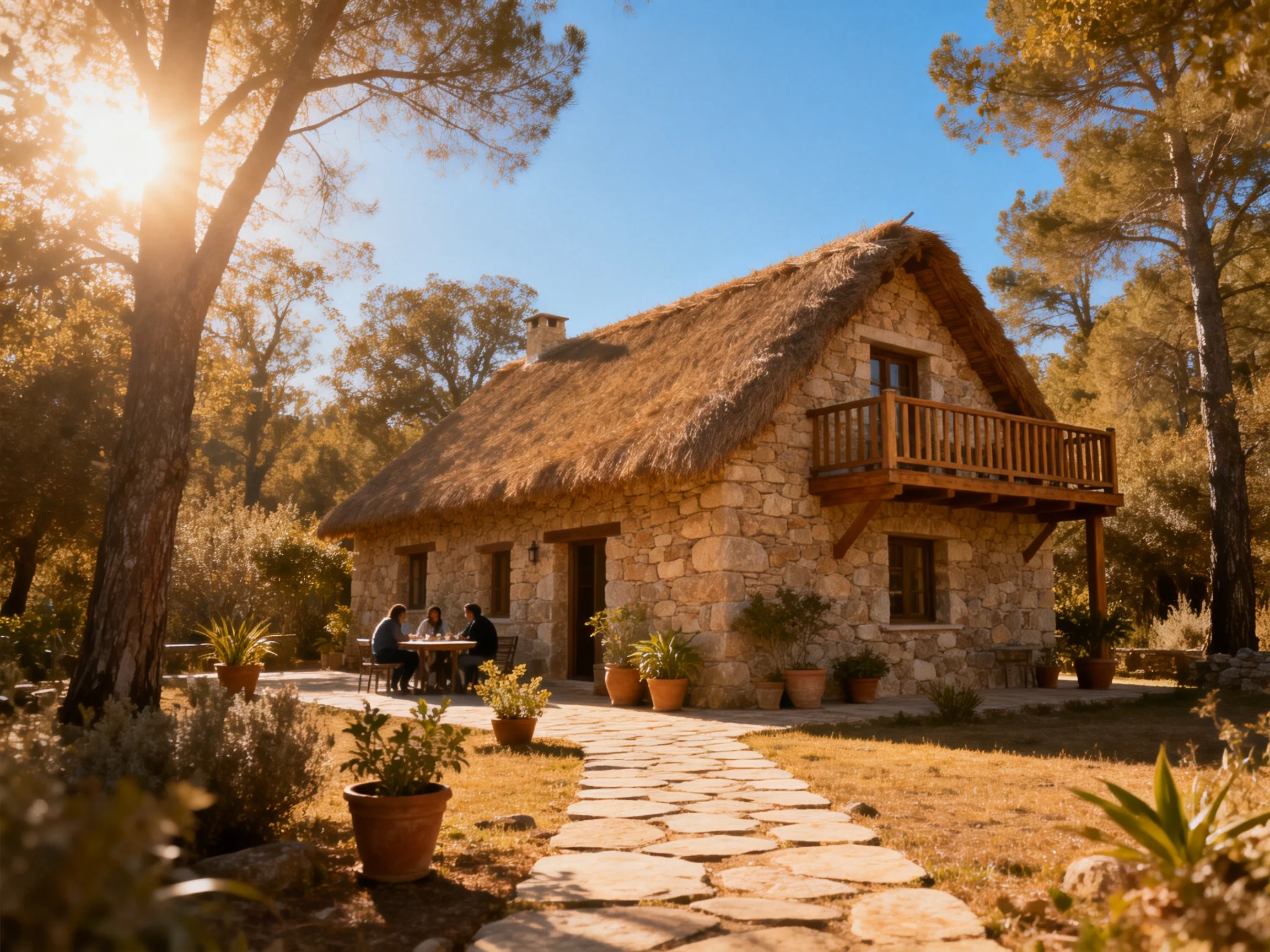A cozy stone cottage with a straw-thatched roof near tall pines
