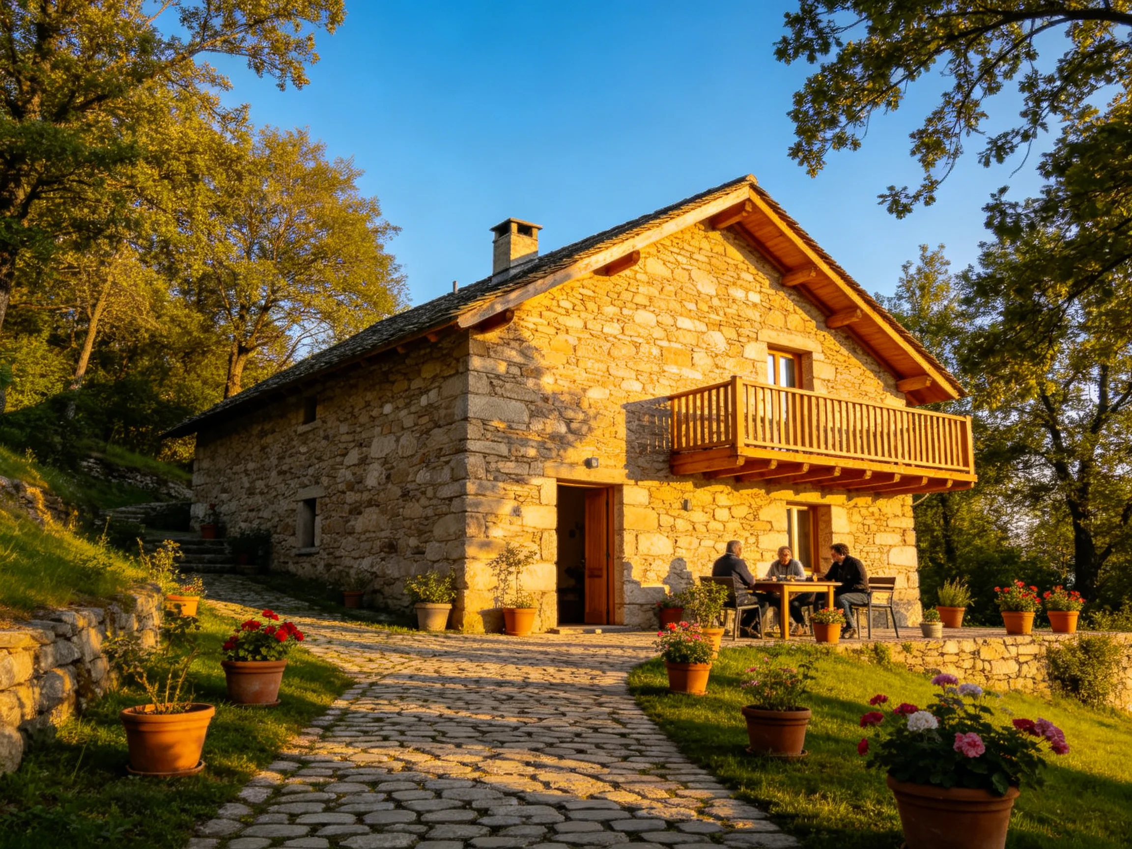 A cozy stone cottage with wooden balcony near lush greenery