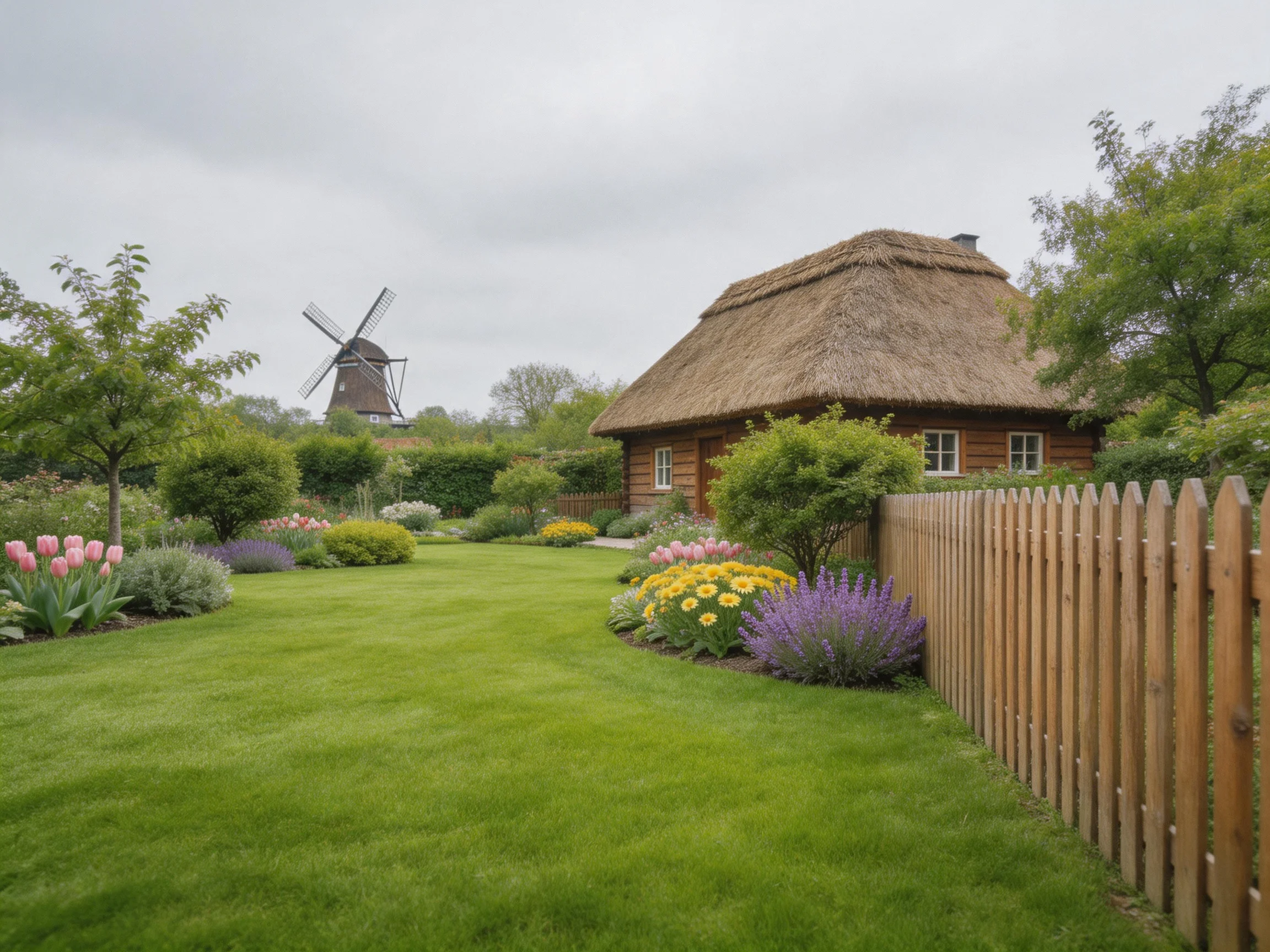 A cozy thatched cottage near a historic windmill with vibrant gardens