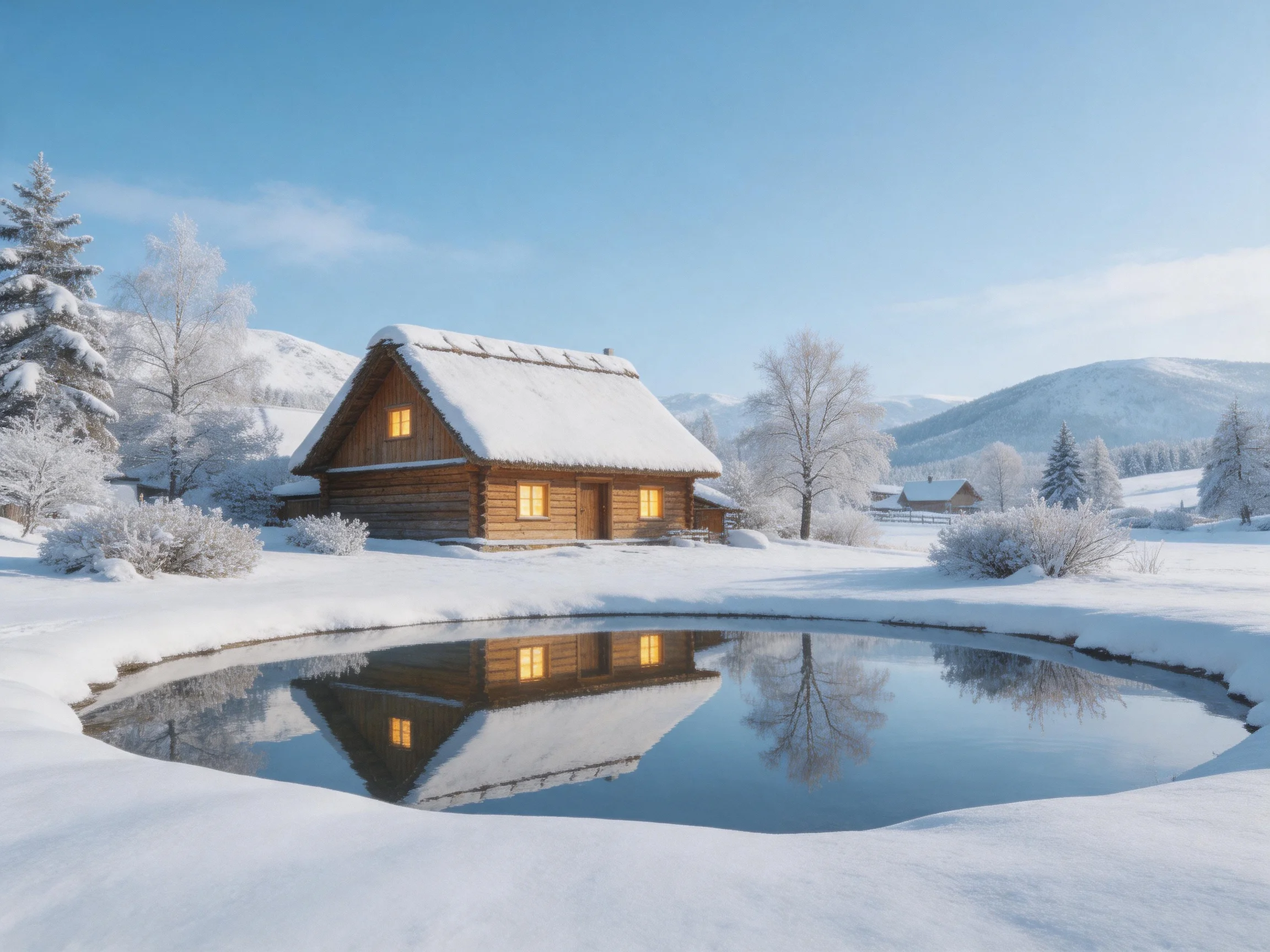 A cozy wooden cabin reflects in a snow - covered pond under clear blue skies