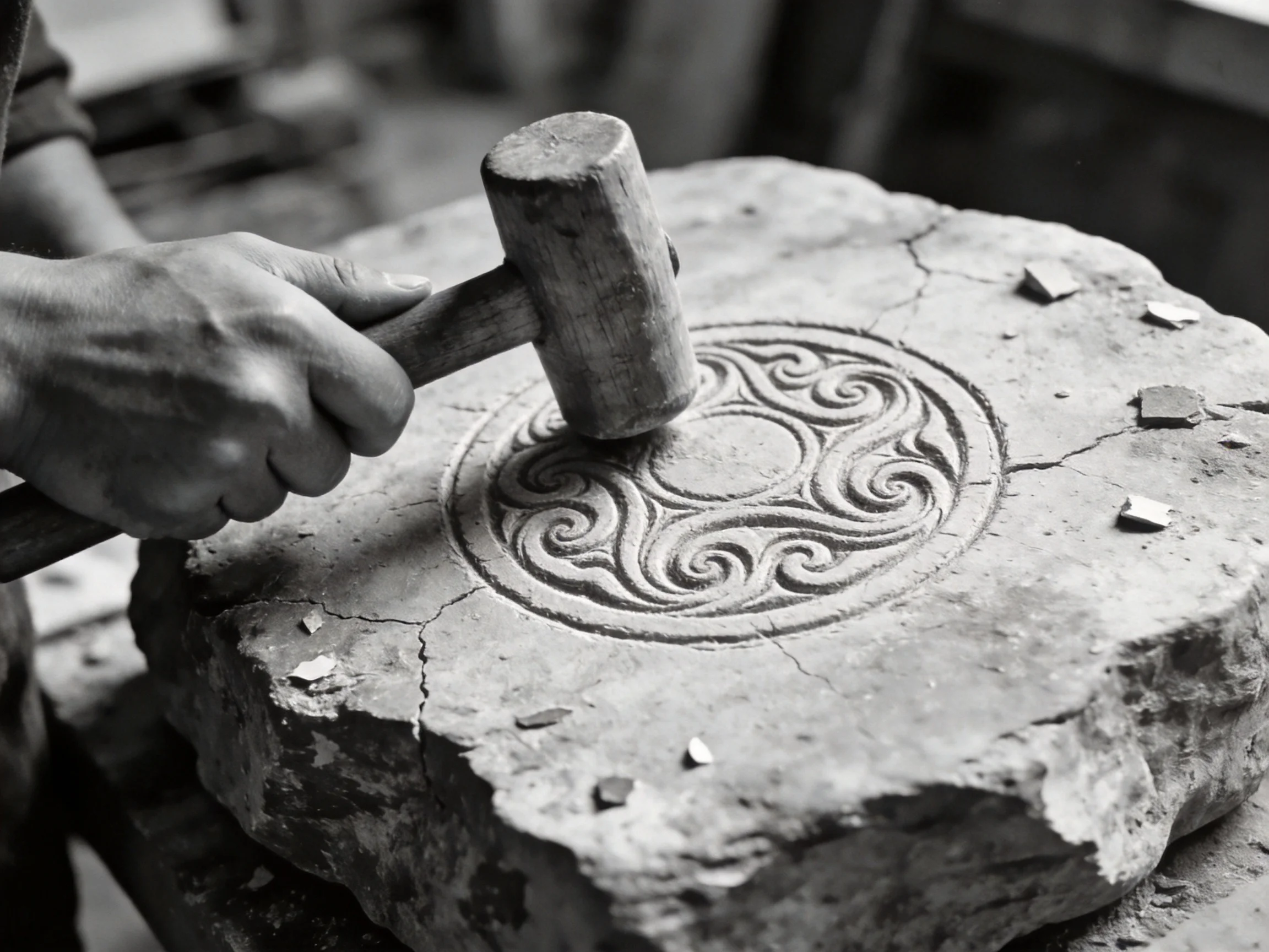 A craftsman chiseling an ornate stone design with a wooden hammer
