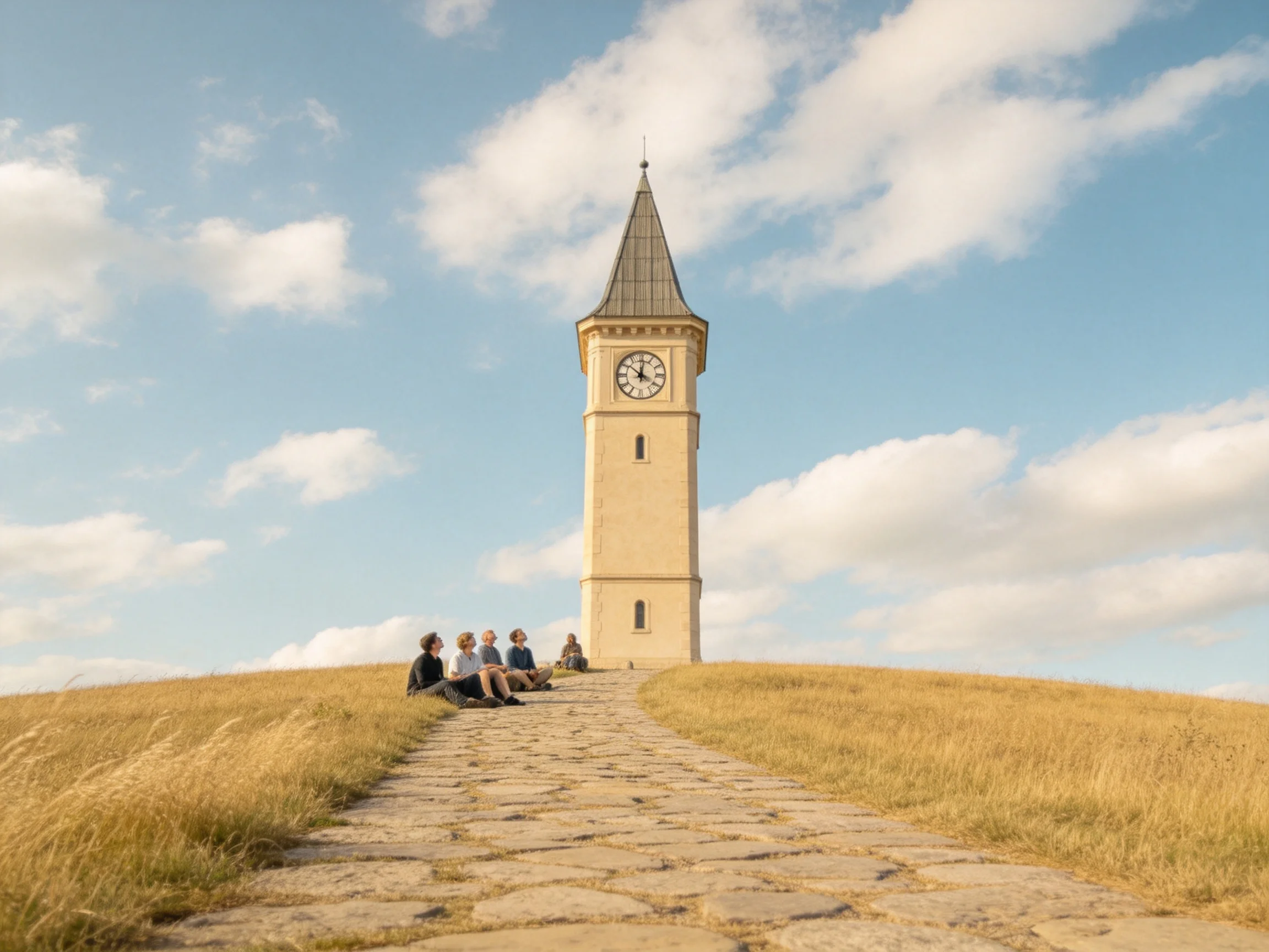 A cream - colored clock tower towers over a golden hillside with seated individuals