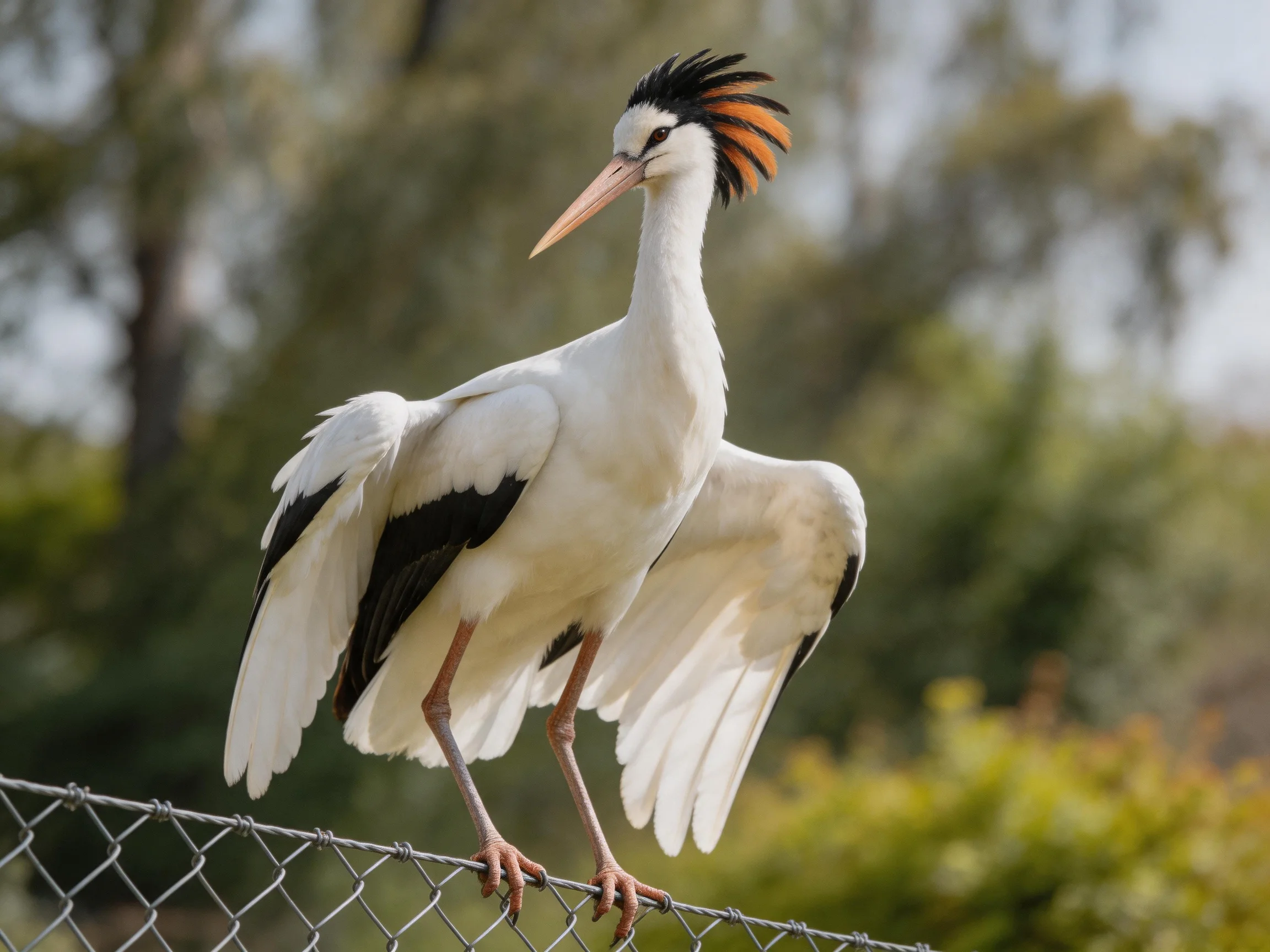 A crested stork with white plumage perches on a chain-link fence