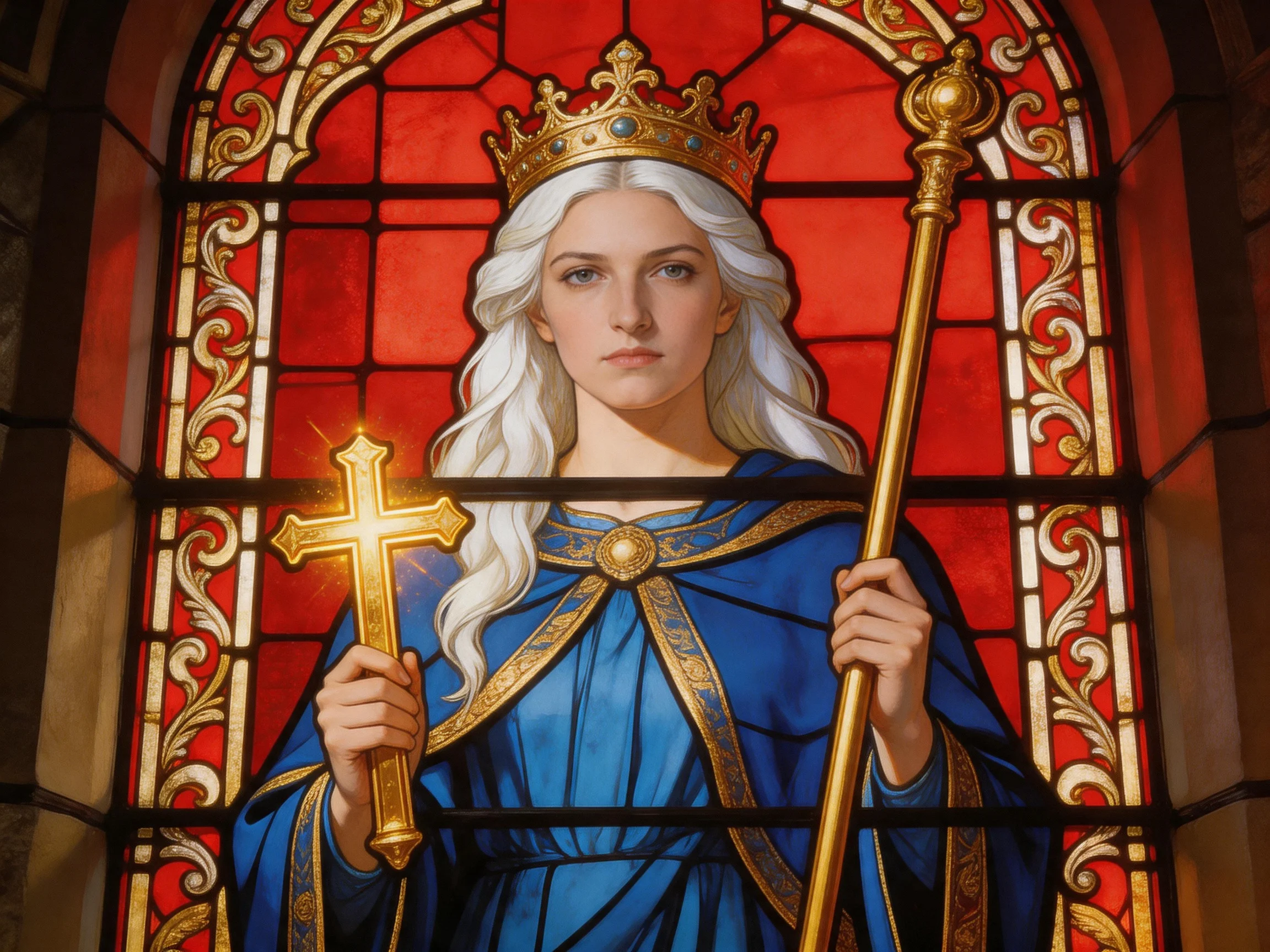 A crowned figure in blue robes holds a golden cross and scepter in a red-stained glass window