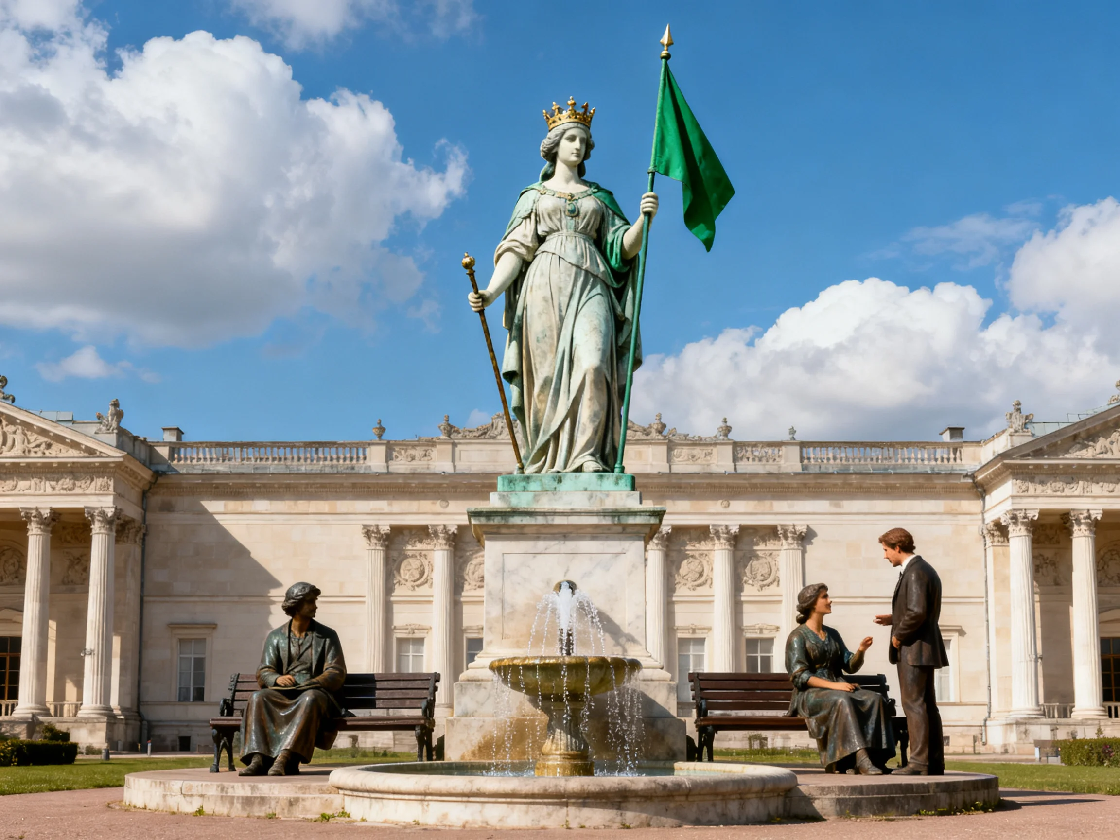 A crowned statue with a green flag beside a classical building with bronze figures