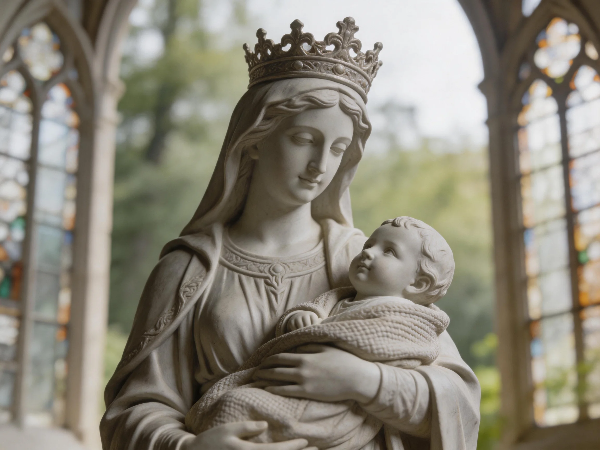 A crowned stone statue of Mary holding the infant Jesus near stained glass windows