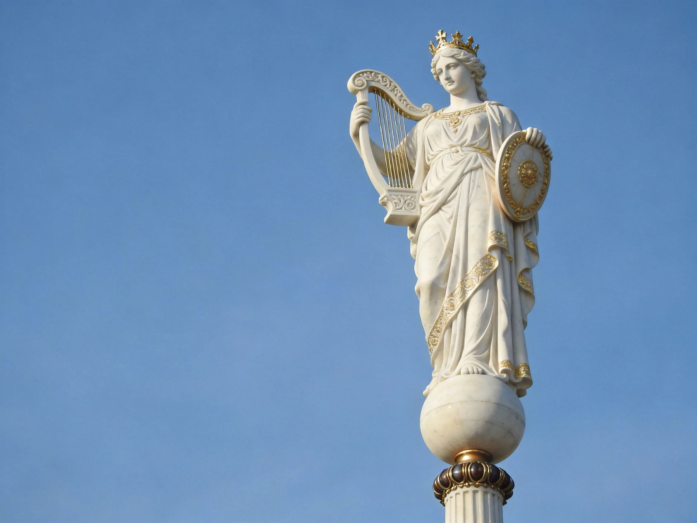 A crowned white statue with gold accents holds a harp and shield against blue sky