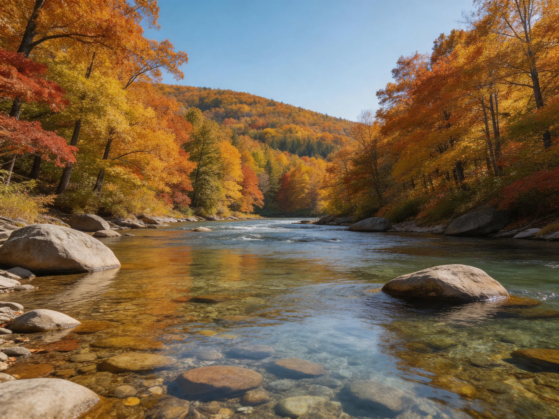 A crystal - clear river winds through vibrant fall forest