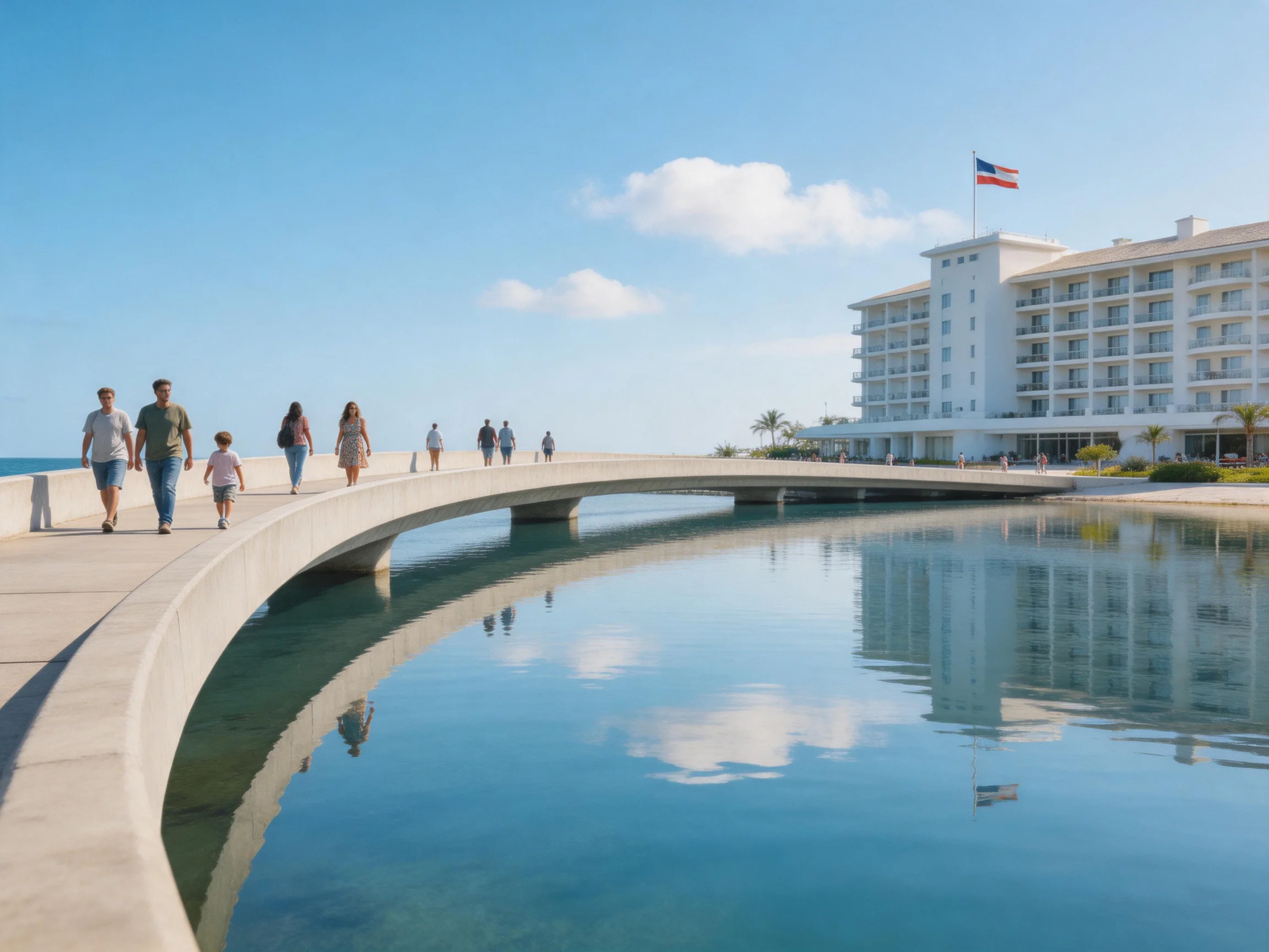 A curved concrete bridge spans calm waters near a white resort hotel