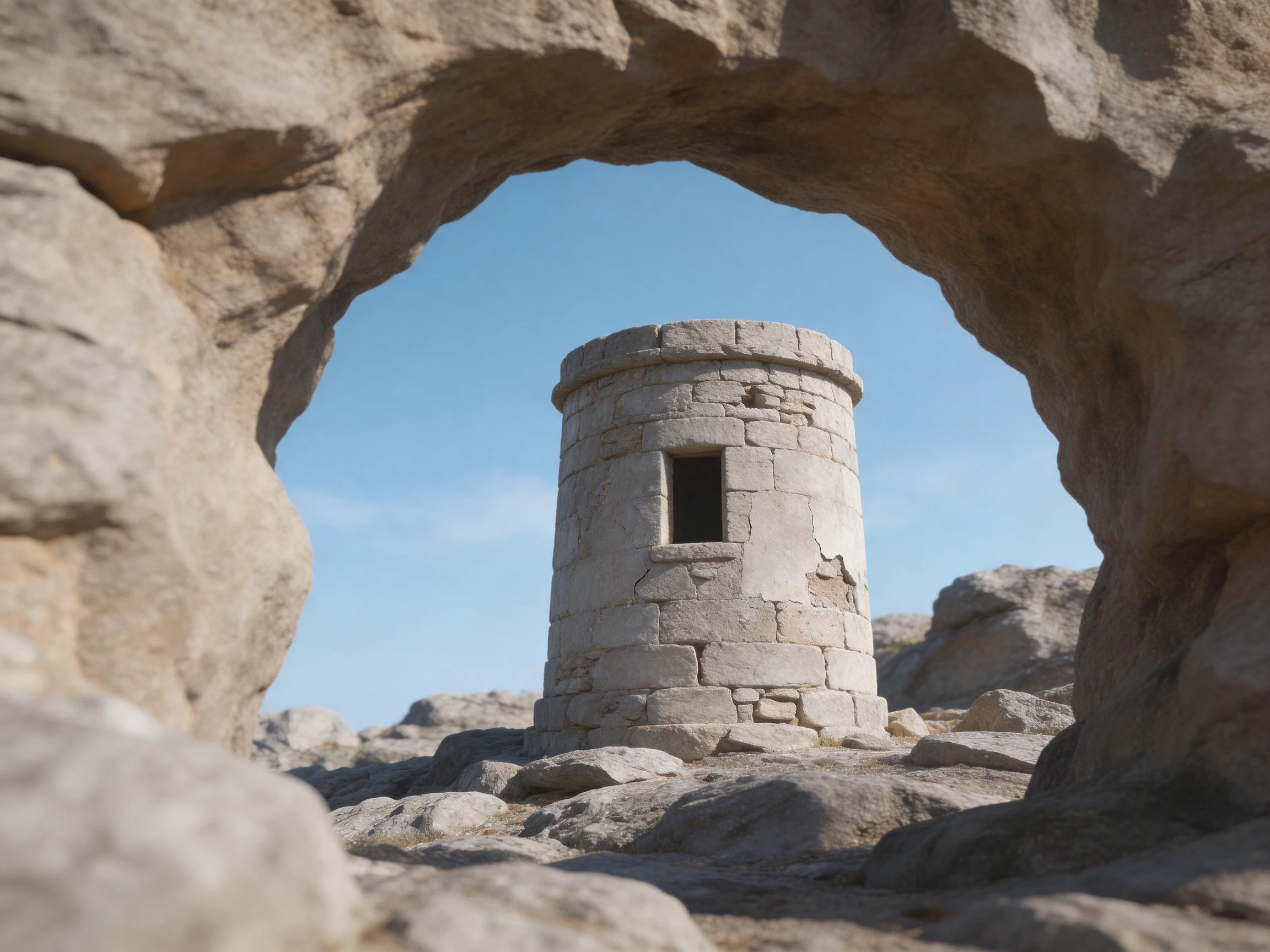 A cylindrical stone tower framed by a large natural rock arch