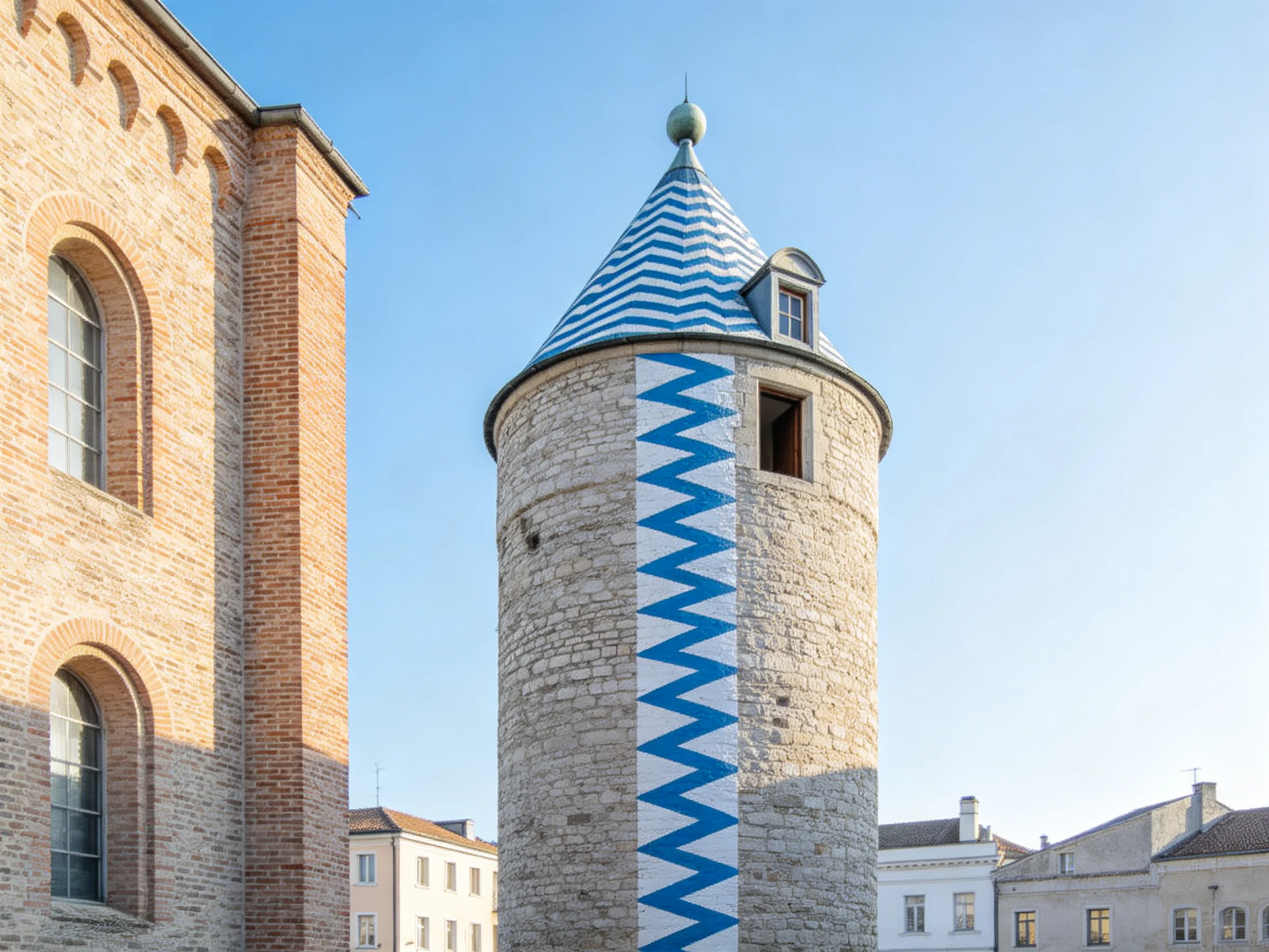 A cylindrical stone tower with blue zigzag design beside brick buildings