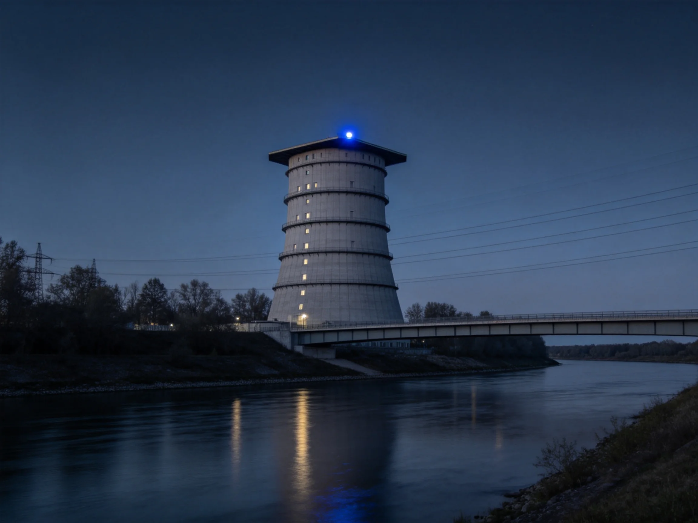 A cylindrical tower with blue light overlooks a calm river at dusk