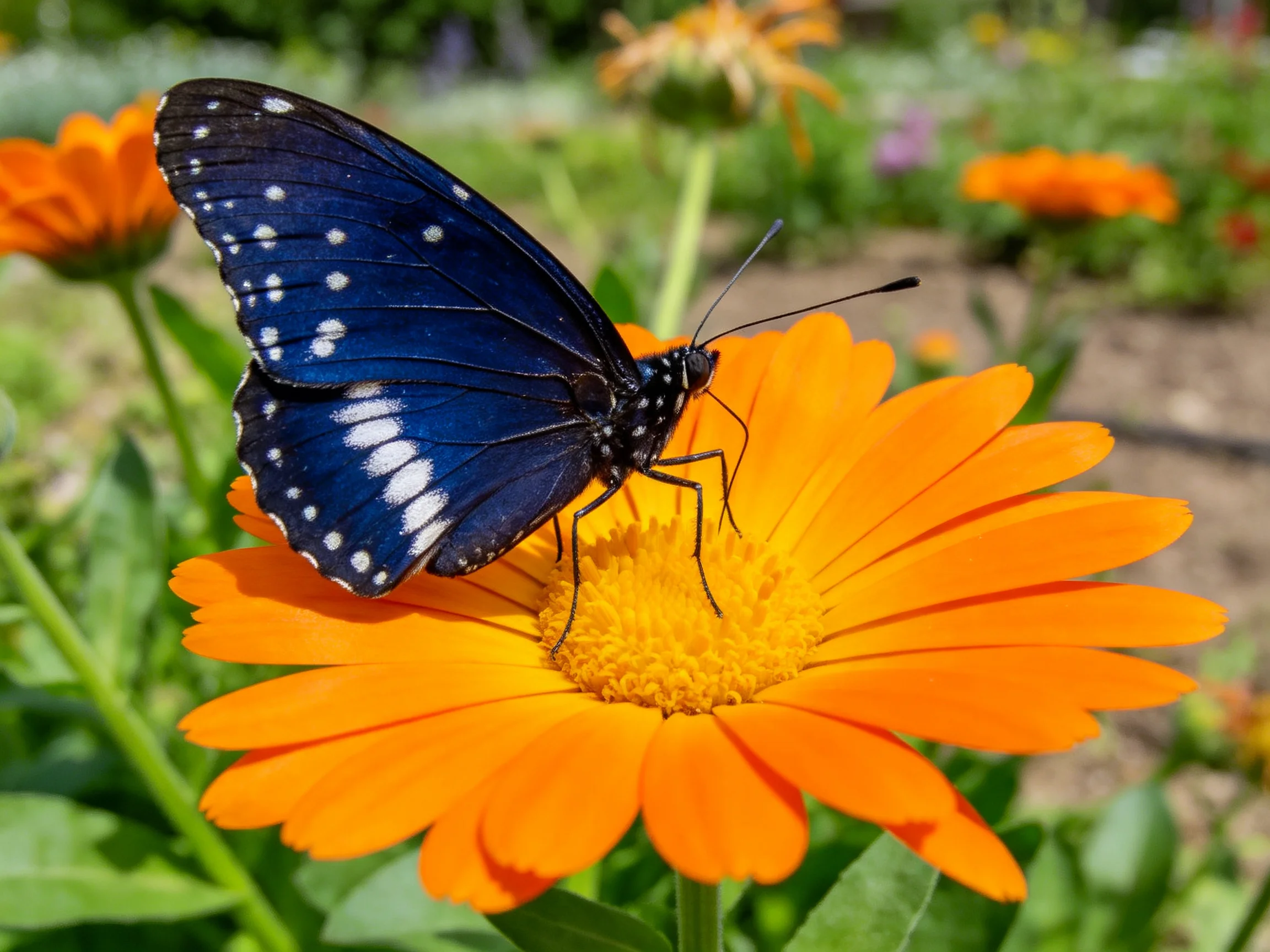 A dark blue butterfly perched on a vibrant orange flower