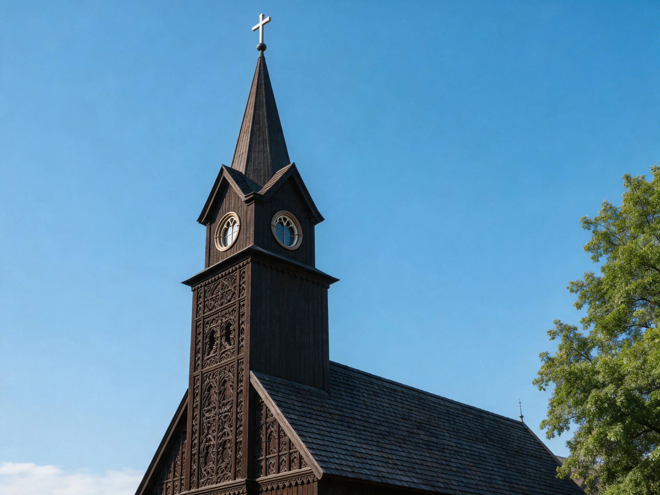 A dark-stained wooden church tower with ornate carvings and clock faces