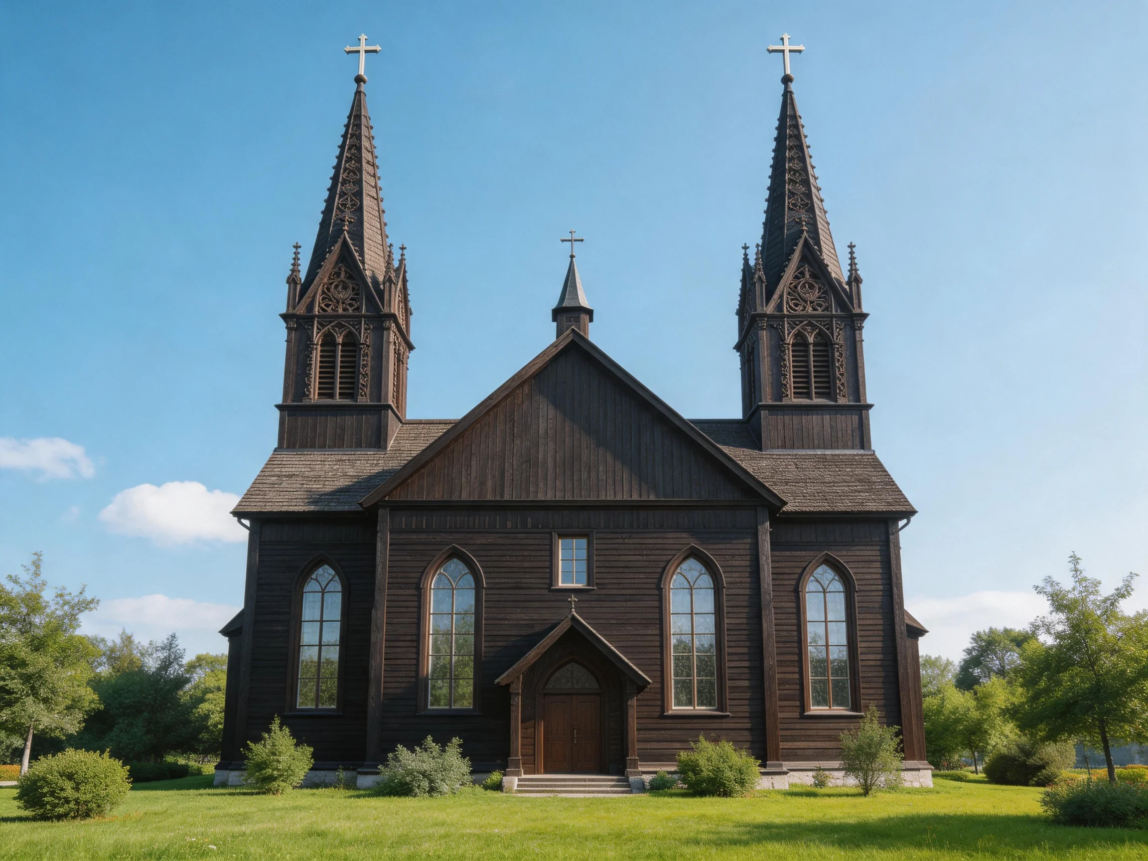 A dark wooden church with twin spires and green surroundings