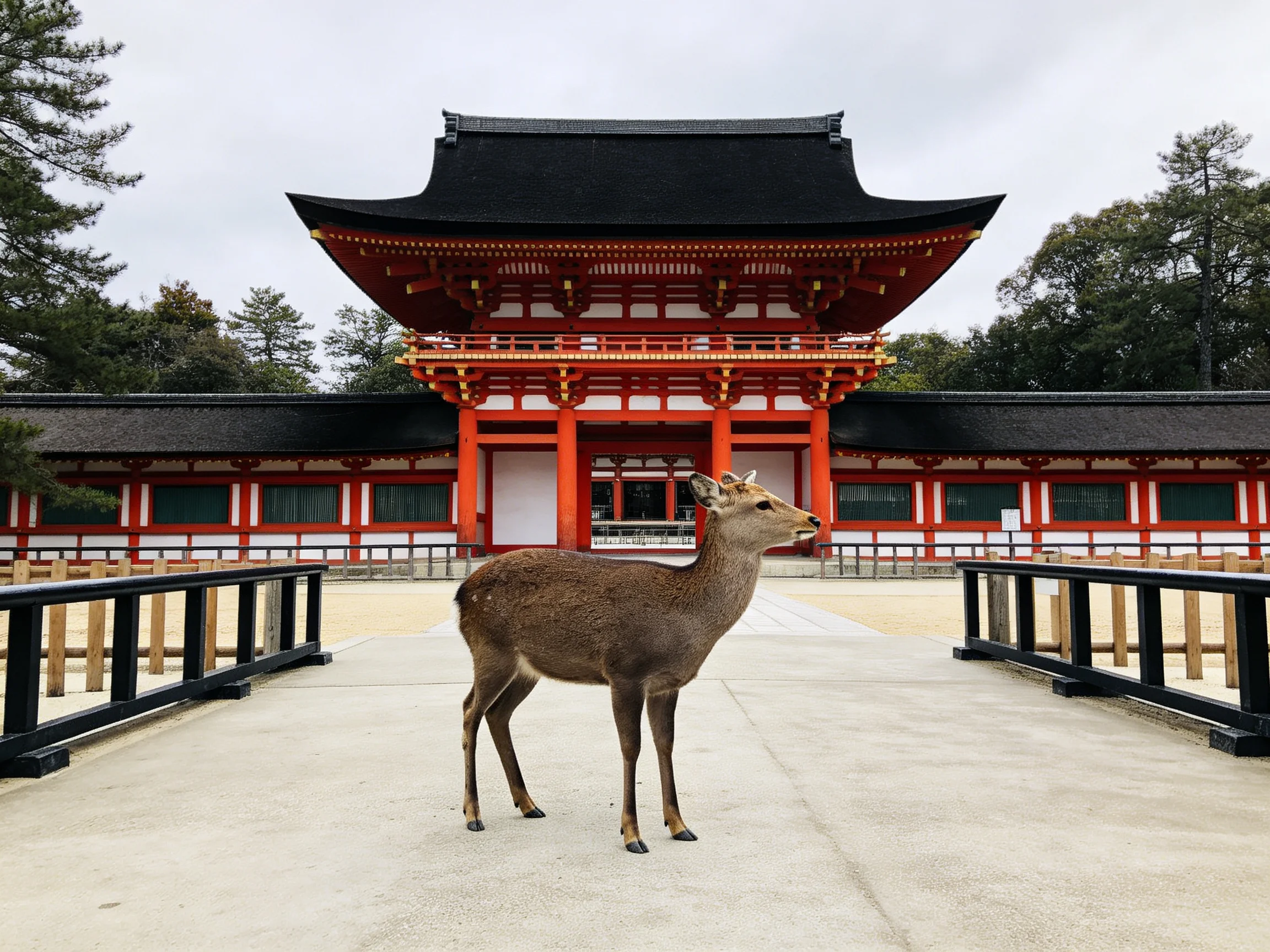 A deer stands before a vibrant red and black traditional Japanese temple