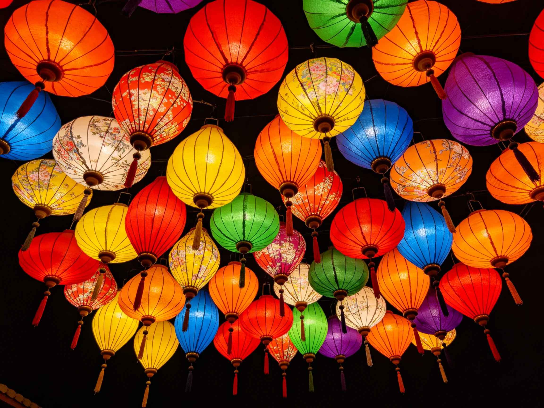 A dense arrangement of vibrantly colored paper lanterns
