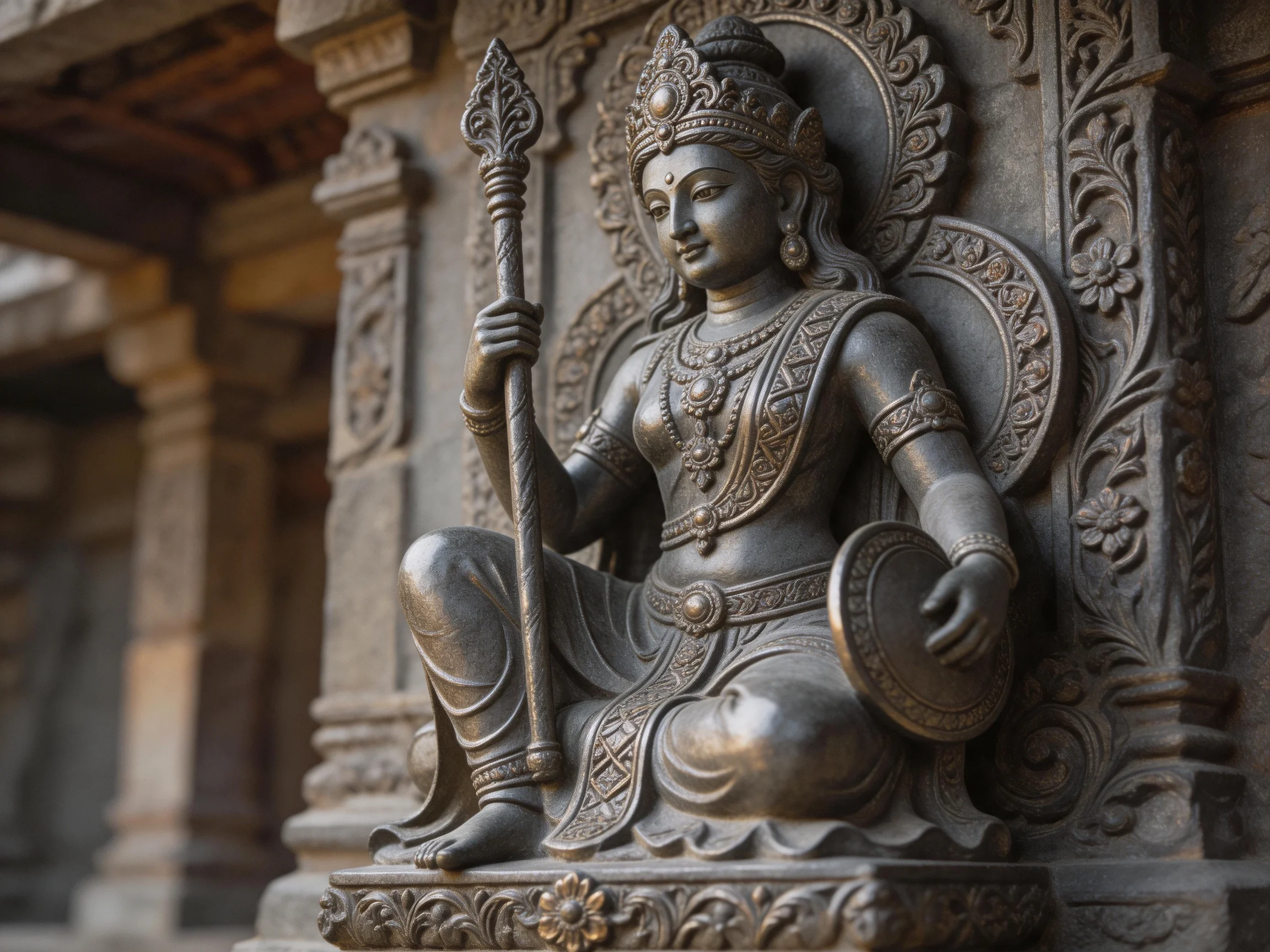 A detailed bronze-colored deity statue with intricate carvings