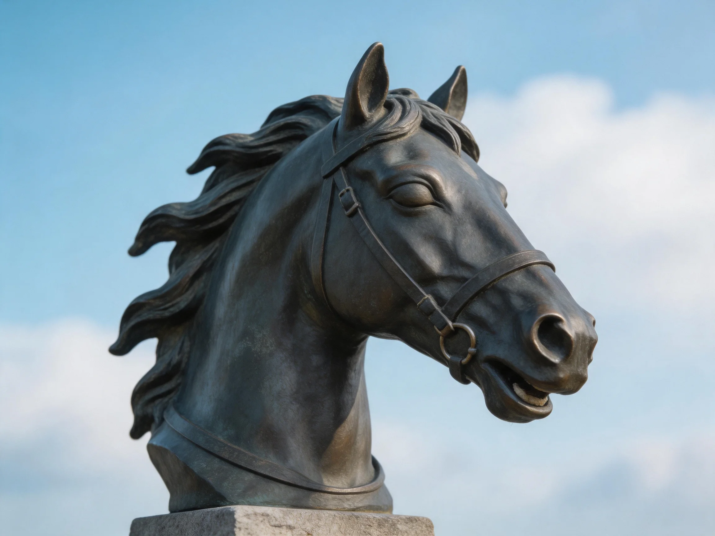 A detailed bronze horse head sculpture mounted on a stone pedestal