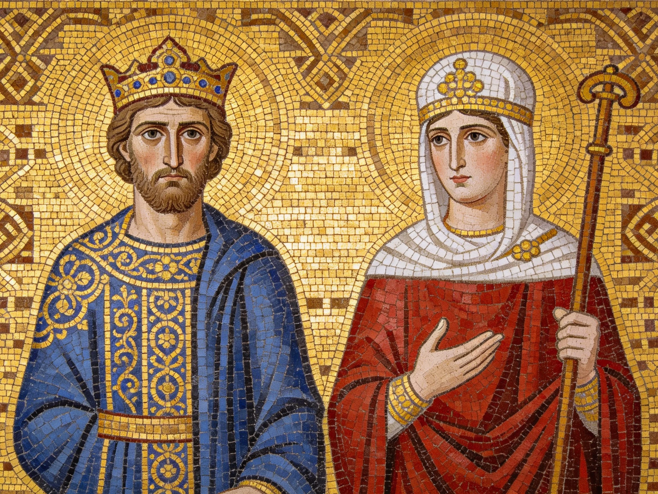 A detailed mosaic of two robed figures in blue and red