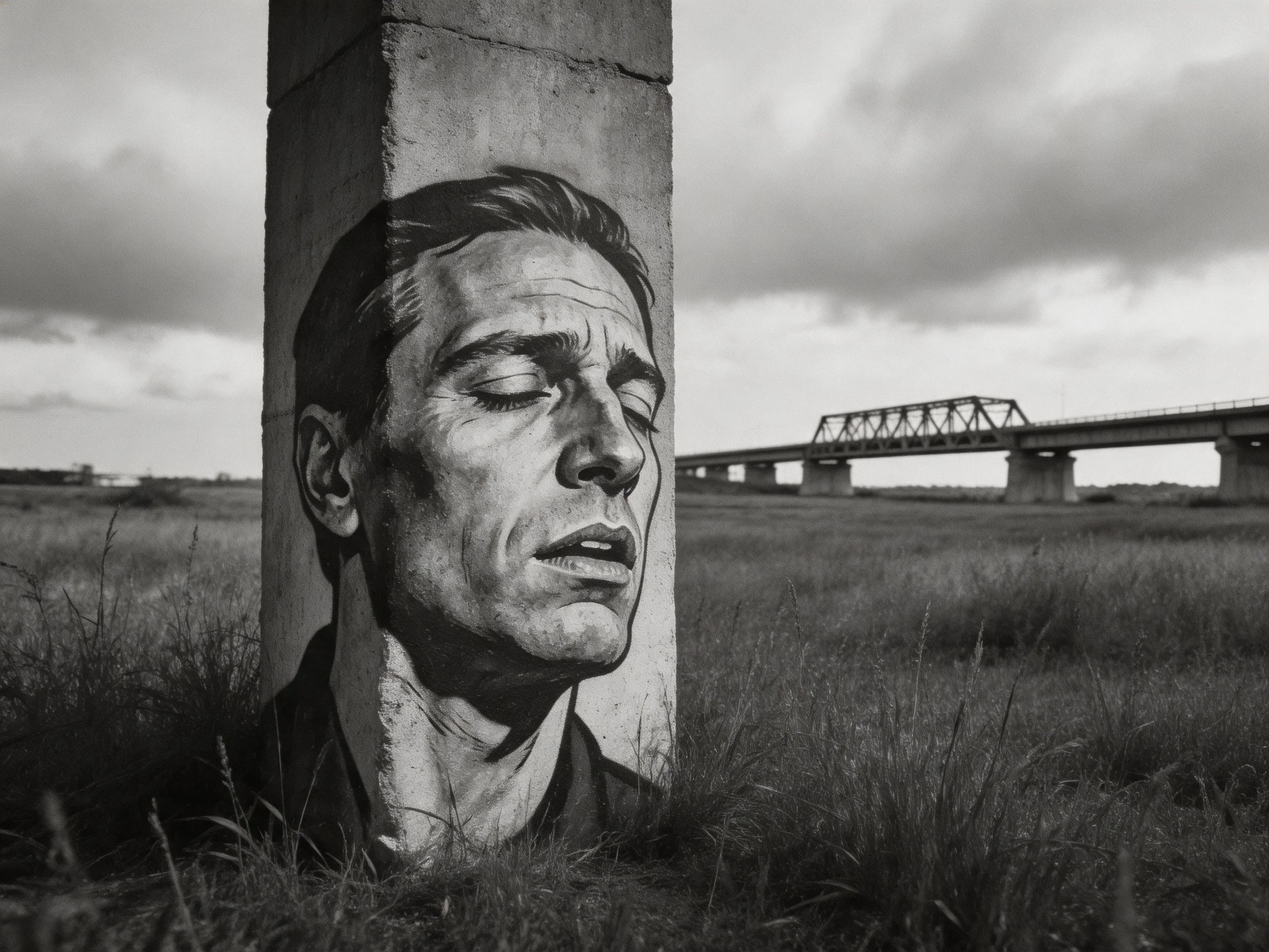 A detailed mural of a man on concrete pillar near open field and bridge