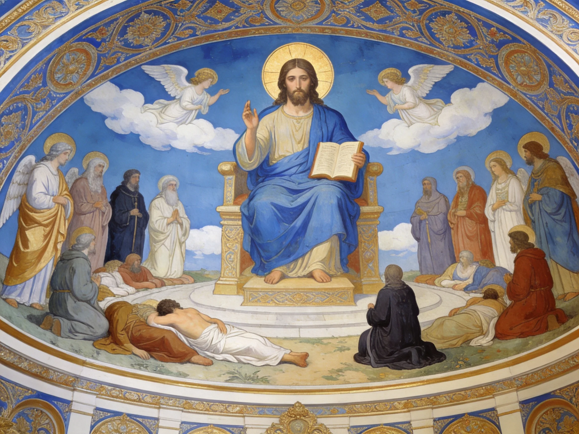 A detailed religious fresco of Jesus with angels and followers