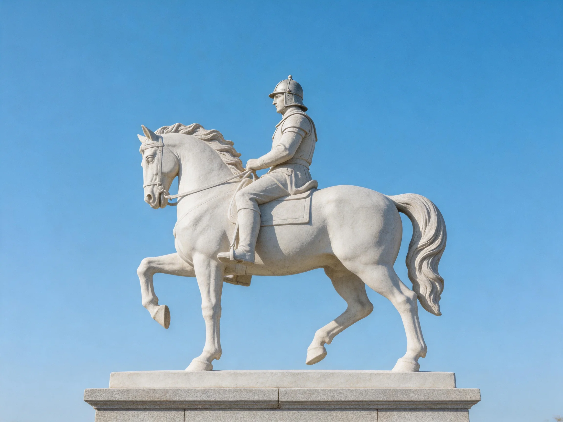 A detailed stone equestrian statue of a knight riding a rearing horse under clear blue sky