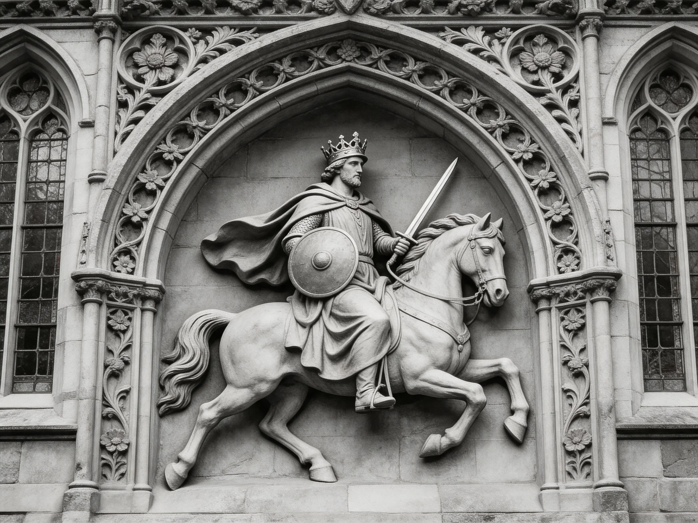 A detailed stone relief of a crowned king on a galloping horse