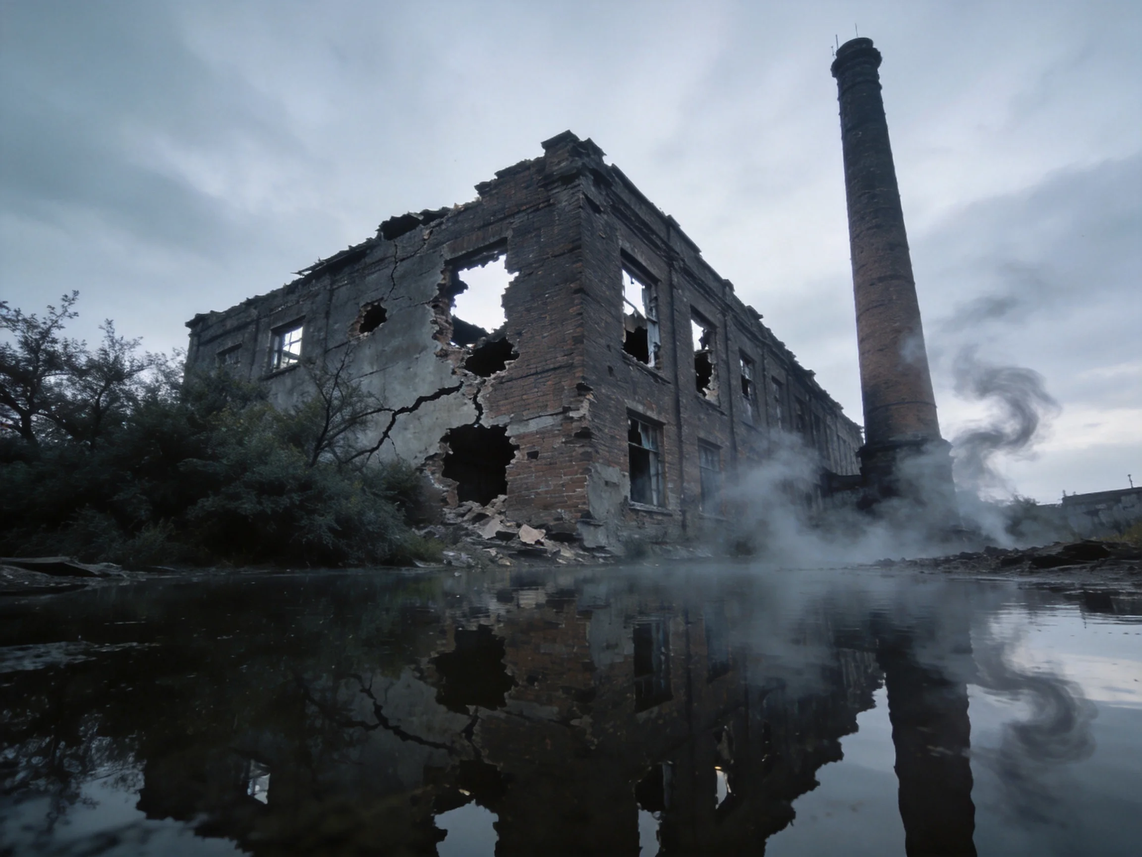 A dilapidated brick building with a tall chimney beside reflective water