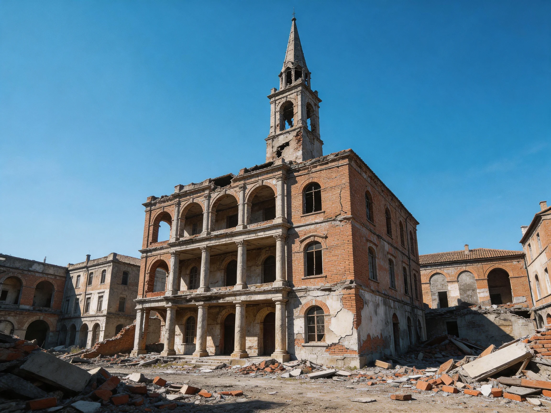 A dilapidated three - story brick building with a tall bell tower