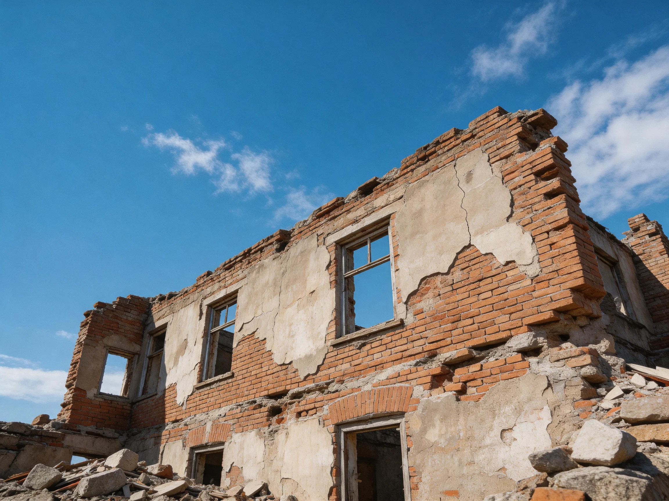 A dilapidated two - story brick structure with peeling plaster under clear blue sky