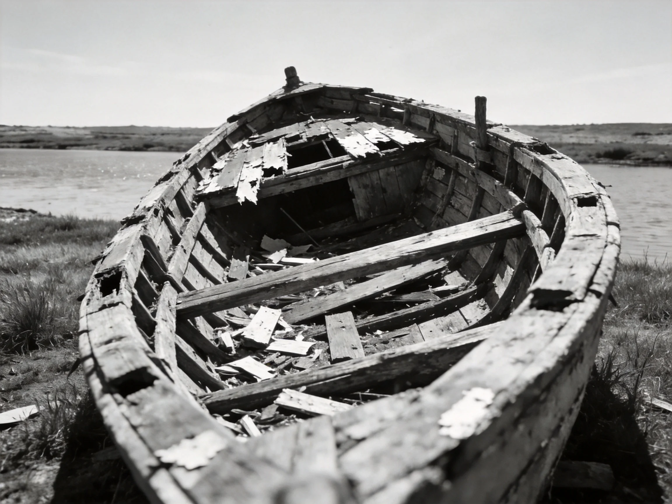 A dilapidated wooden boat abandoned by the shore