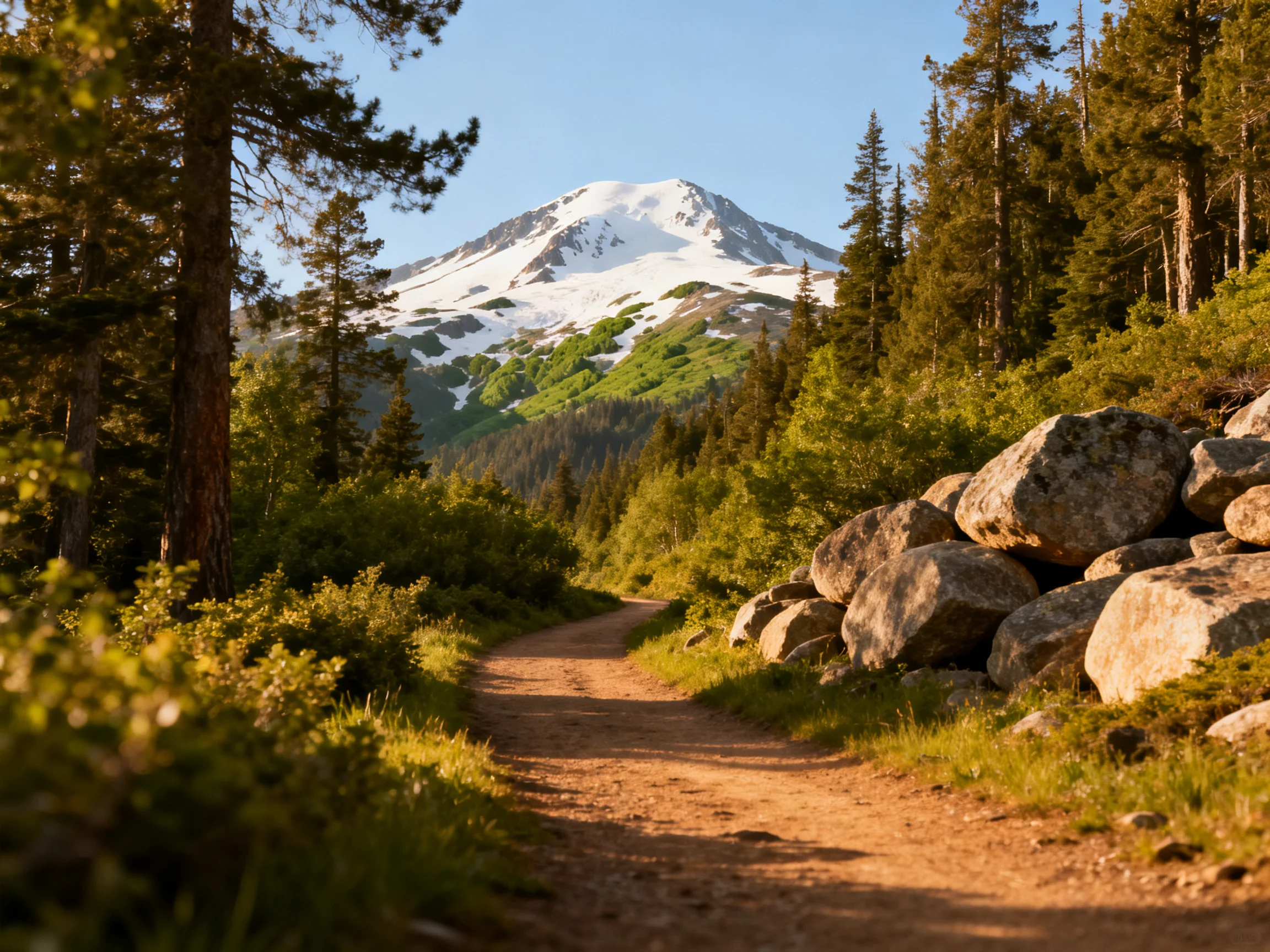 A dirt trail leads toward a snow - capped mountain in lush forests