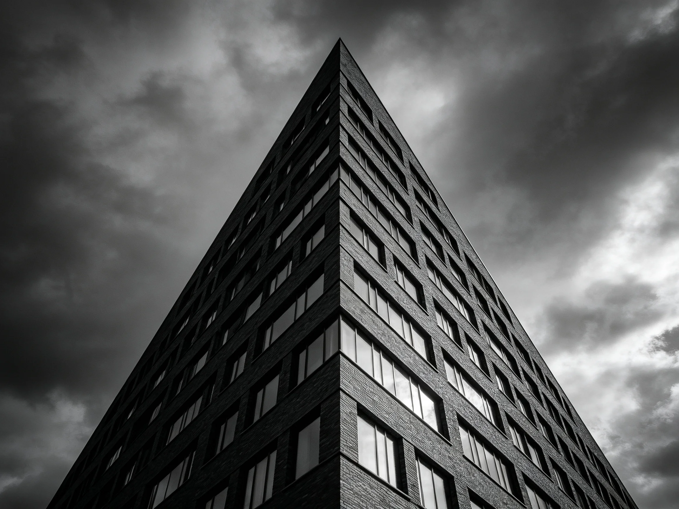 A dramatic black-and-white view of an angular skyscraper under stormy clouds